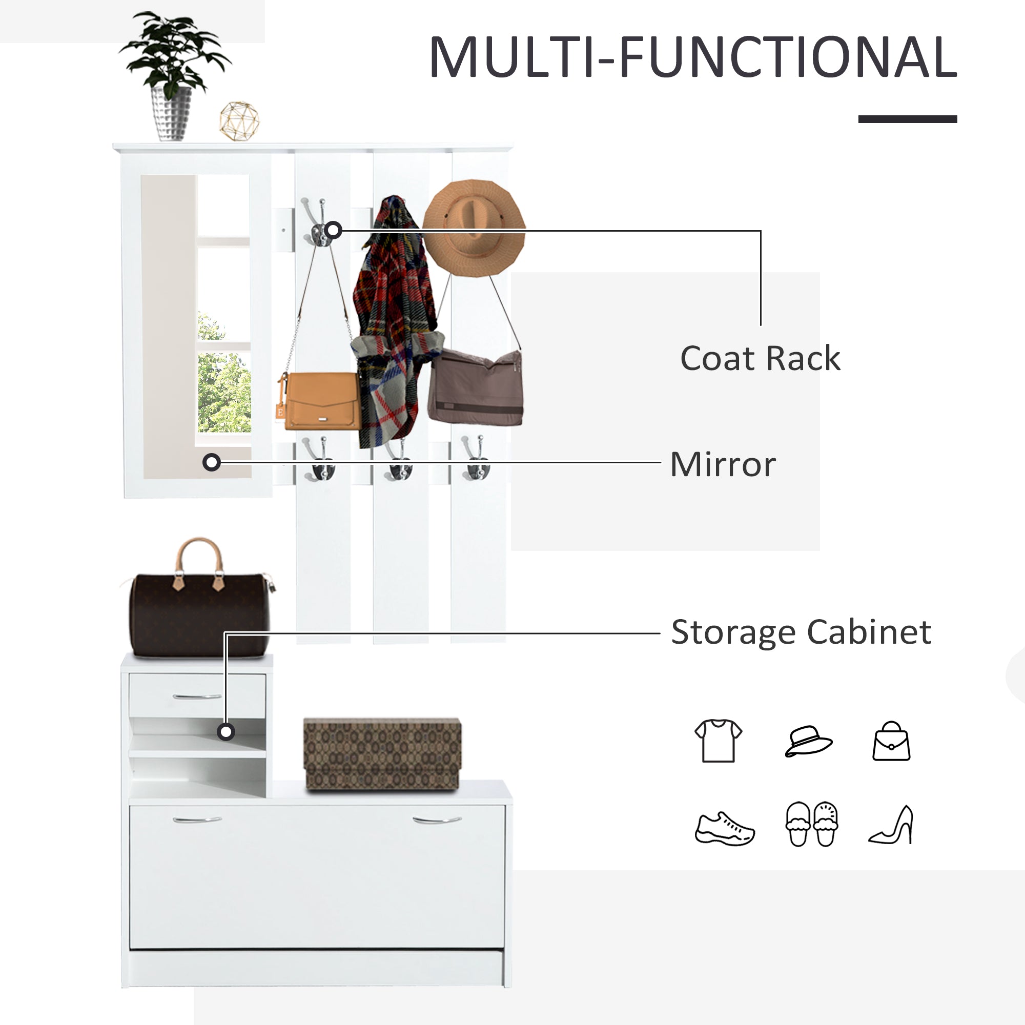 HOMCOM Entryway Organizer Unit, 3 In 1 Design Hall Tree with 6 Hooks, Mirror, Coat Rack Shoe Storage Shelf with Coat Hanger for Hallway Living Room White