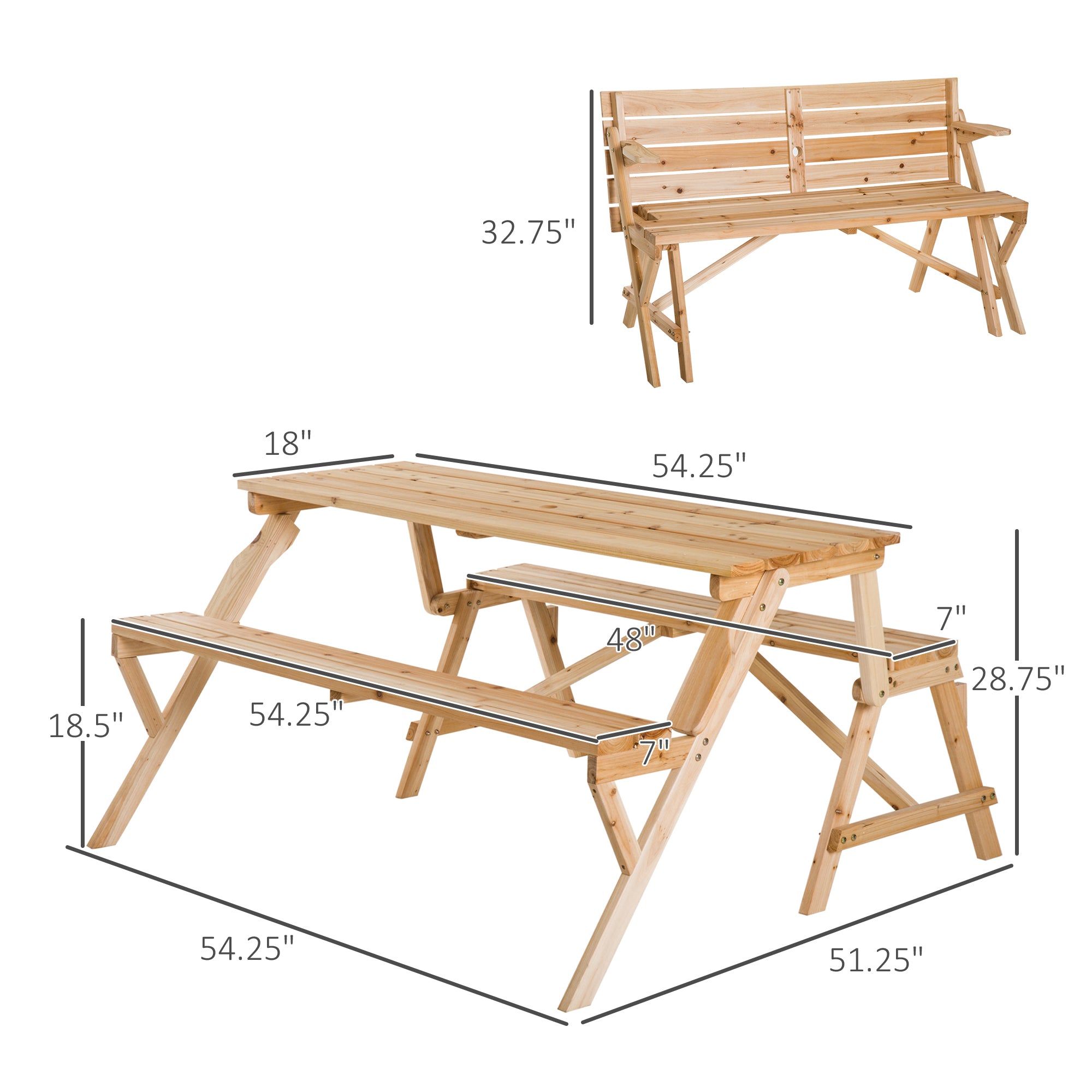 Outsunny Patio Wooden Folding Picnic Table with Benches, Outdoor 2 in 1 Convertible Patio & Garden Bench, Foldable Picnic Table with Umbrella Hole, Nature