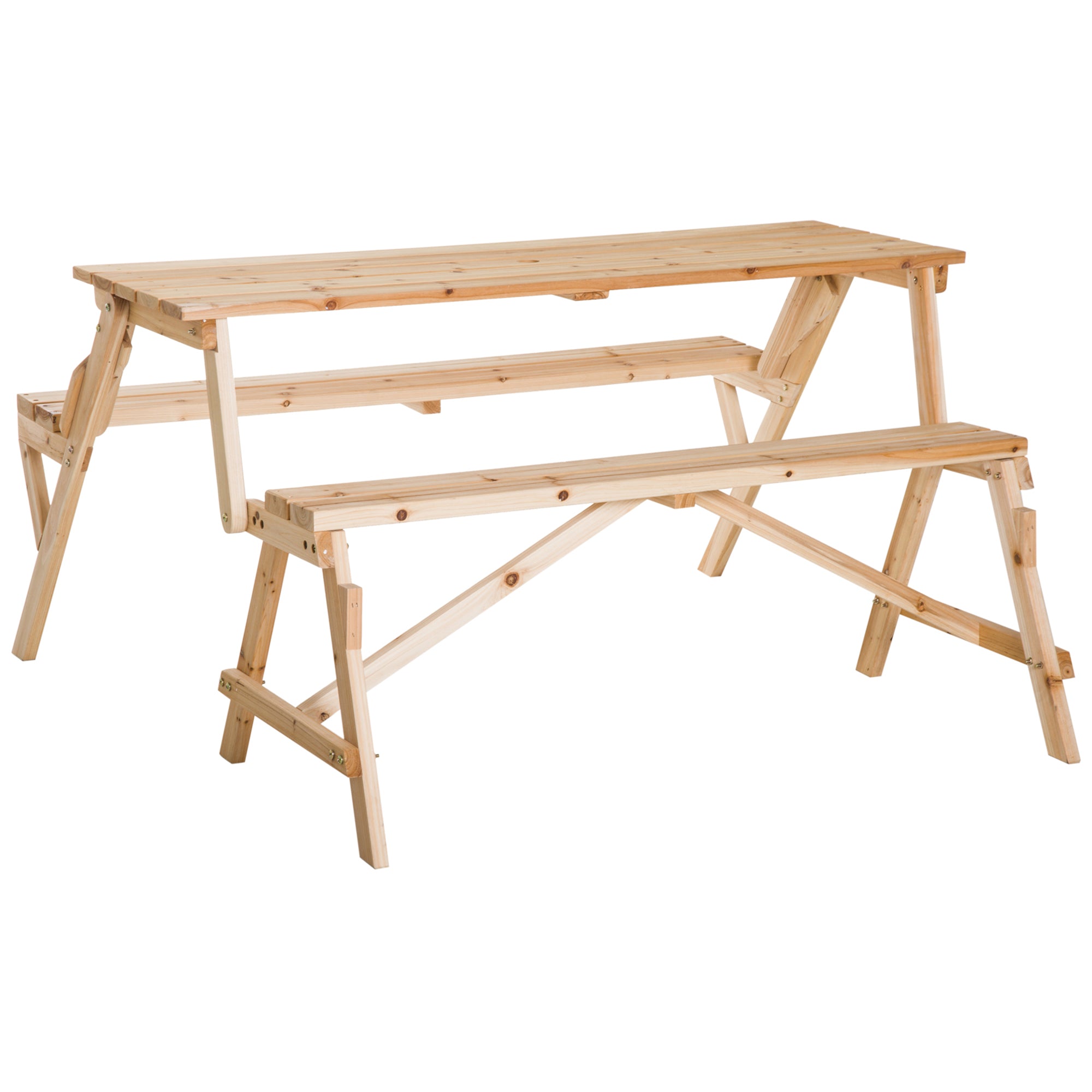 Outsunny Patio Wooden Folding Picnic Table with Benches, Outdoor 2 in 1 Convertible Patio & Garden Bench, Foldable Picnic Table with Umbrella Hole, Nature