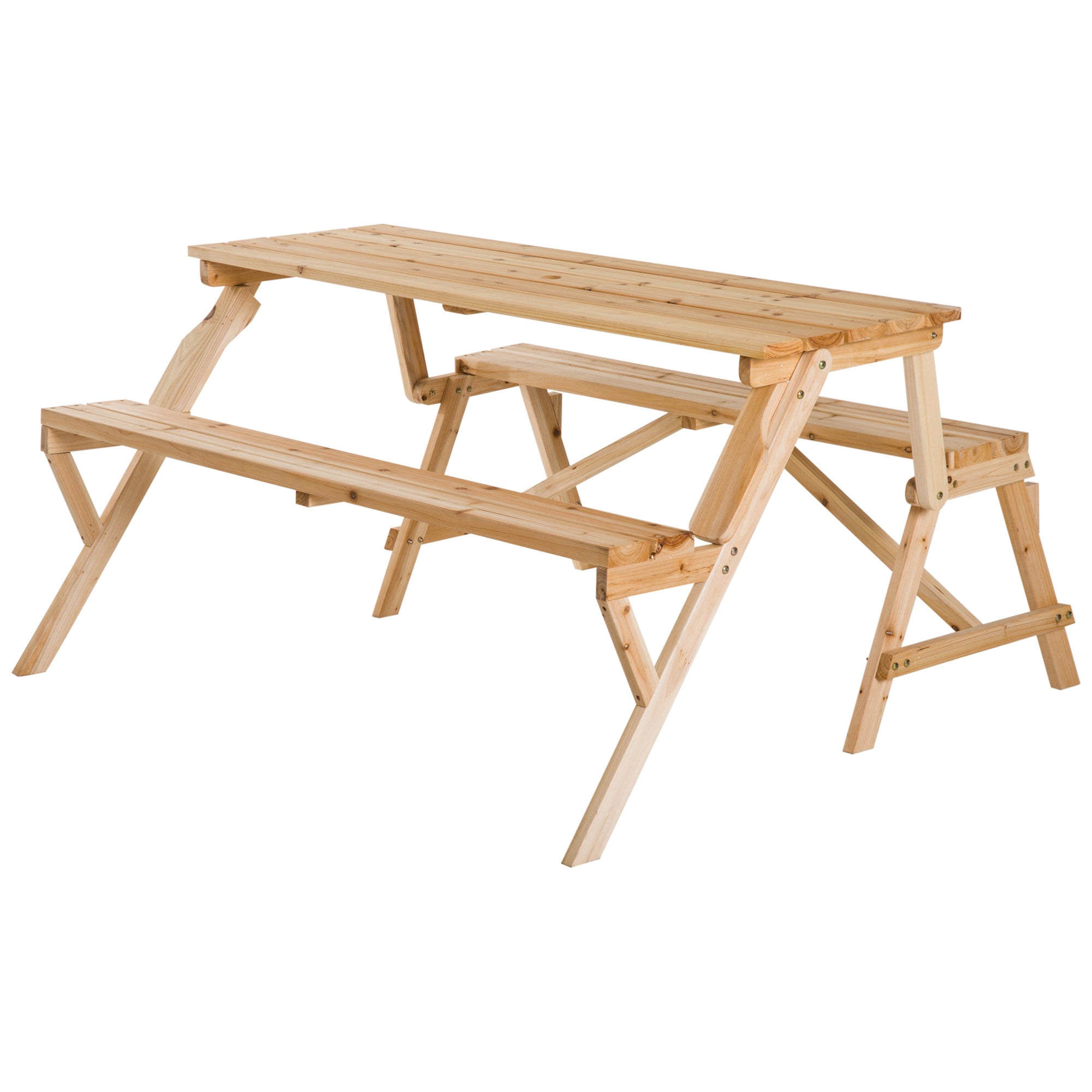 Outsunny Patio Wooden Folding Picnic Table with Benches, Outdoor 2 in 1 Convertible Patio & Garden Bench, Foldable Picnic Table with Umbrella Hole, Nature