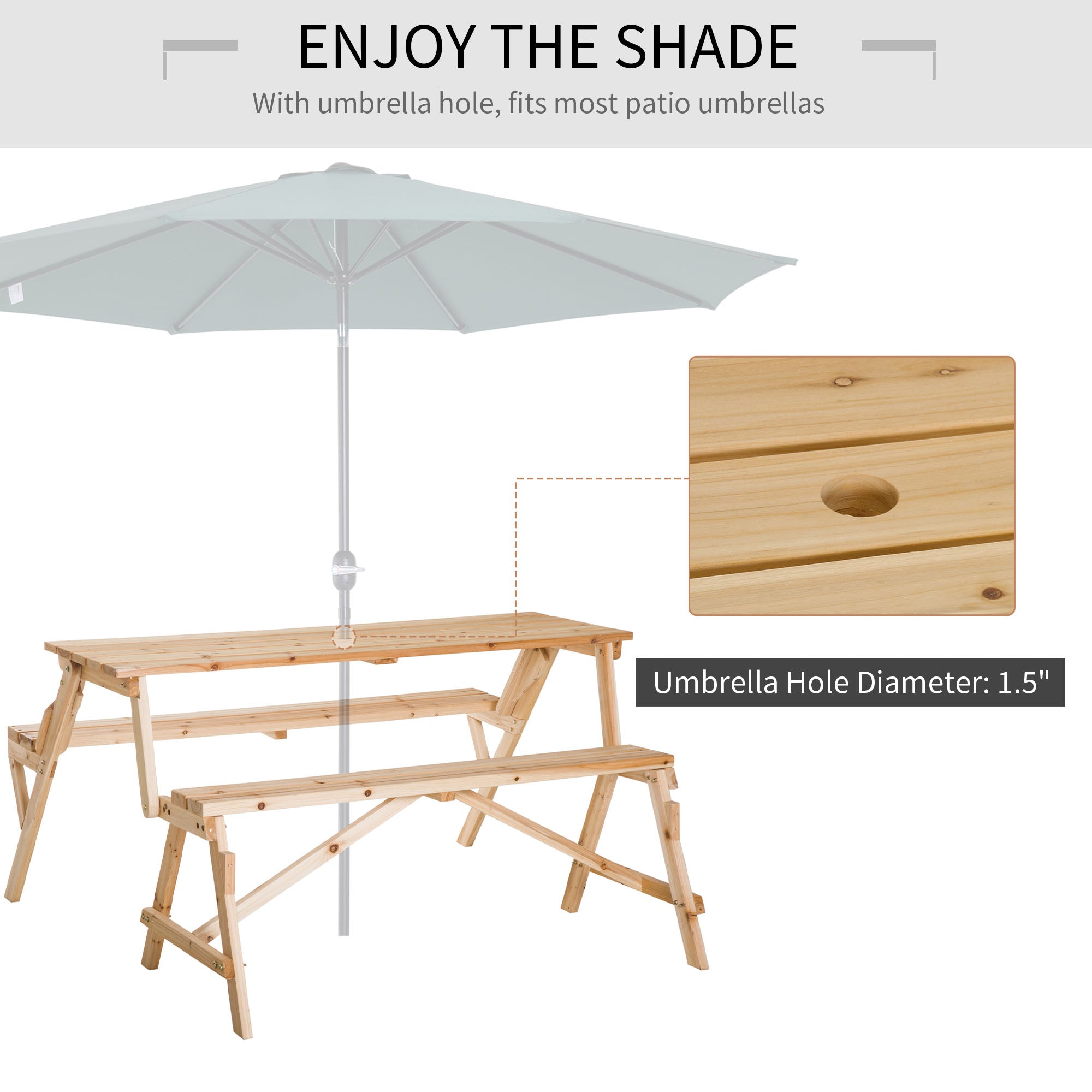 Outsunny Patio Wooden Folding Picnic Table with Benches, Outdoor 2 in 1 Convertible Patio & Garden Bench, Foldable Picnic Table with Umbrella Hole, Nature