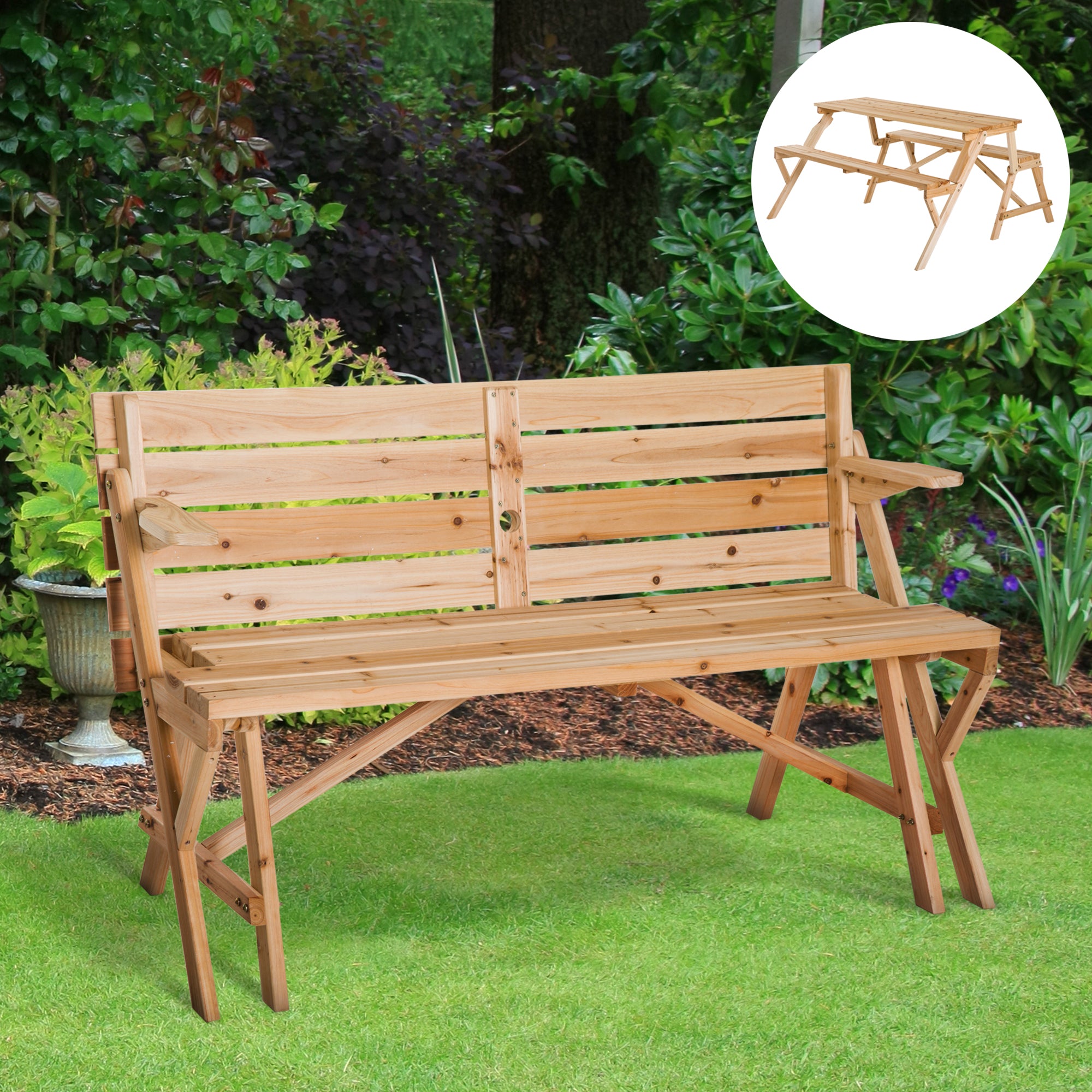 Outsunny Patio Wooden Folding Picnic Table with Benches, Outdoor 2 in 1 Convertible Patio & Garden Bench, Foldable Picnic Table with Umbrella Hole, Nature
