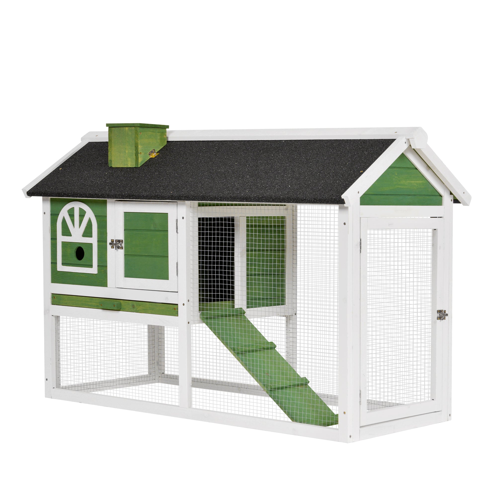 PawHut 2 Tiers Rabbit Hutch and Run Wooden Guinea Pig Hutch Outdoor with Sliding Tray, Ramp, Water-resistant Roof, for 2-4 Rabbits, Green