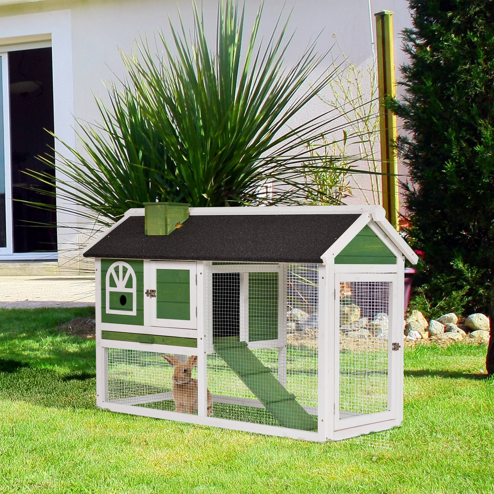 PawHut 2 Tiers Rabbit Hutch and Run Wooden Guinea Pig Hutch Outdoor with Sliding Tray, Ramp, Water-resistant Roof, for 2-4 Rabbits, Green