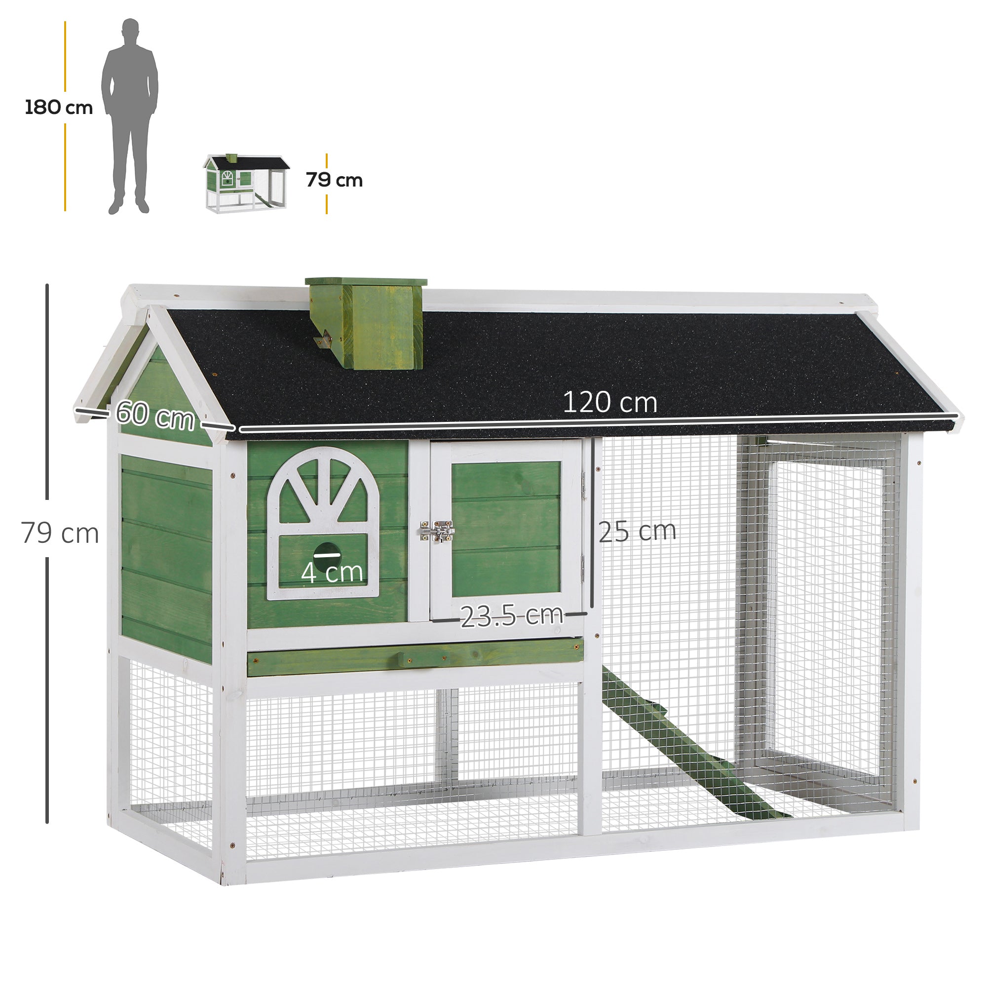 PawHut 2 Tiers Rabbit Hutch and Run Wooden Guinea Pig Hutch Outdoor with Sliding Tray, Ramp, Water-resistant Roof, for 2-4 Rabbits, Green