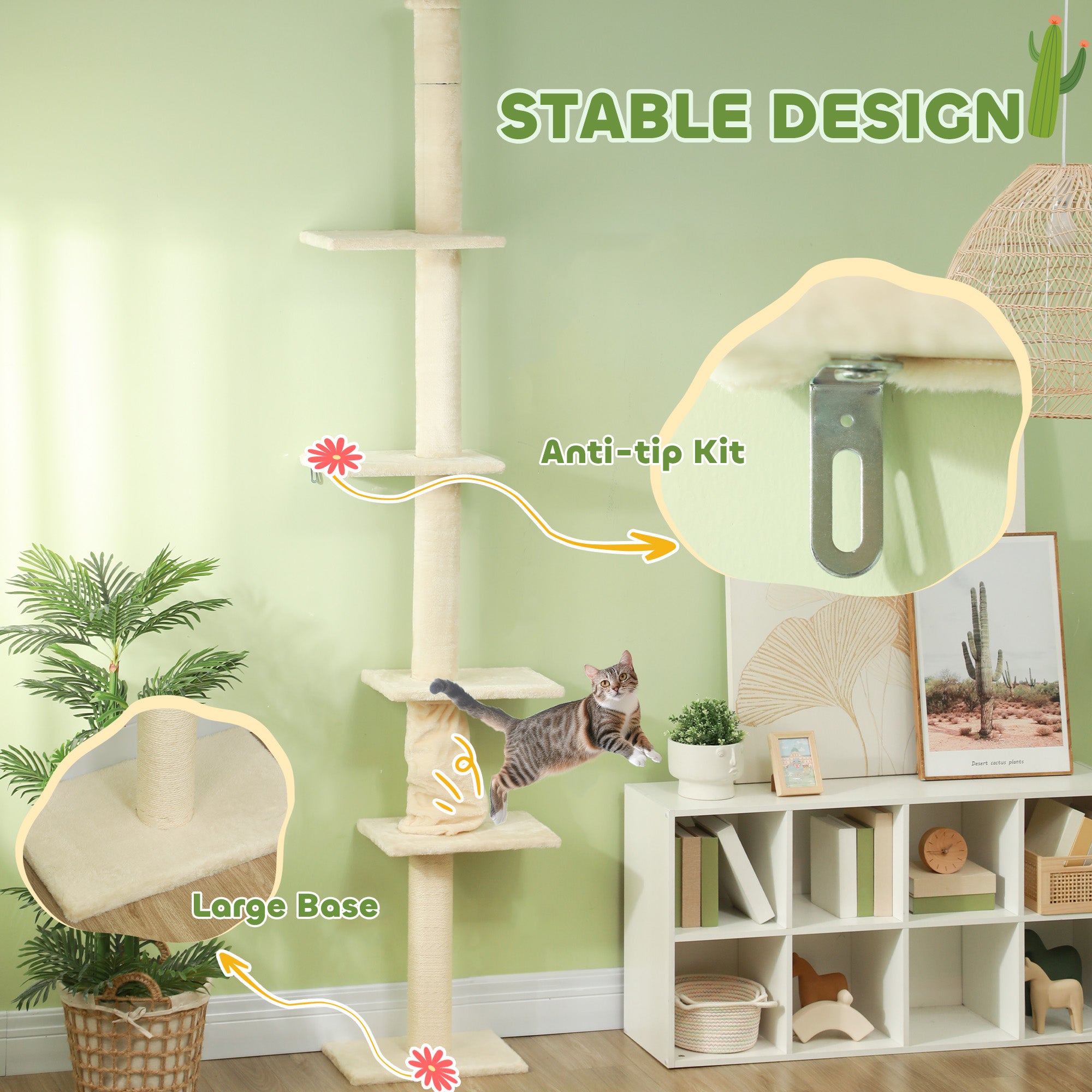PawHut Floor to Ceiling Cat Tree, 89"-108" 5 Tier Cat Tower with Scratching Post, Hand Crank & Anti-Tip Kit, Tall Cat Tree for Indoor Cats, Kittens, Cream White