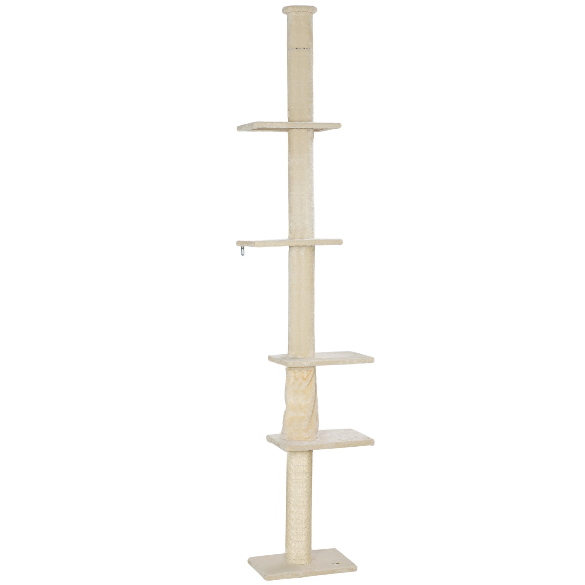 PawHut Floor to Ceiling Cat Tree, 89"-108" 5 Tier Cat Tower with Scratching Post, Hand Crank & Anti-Tip Kit, Tall Cat Tree for Indoor Cats, Kittens, Cream White