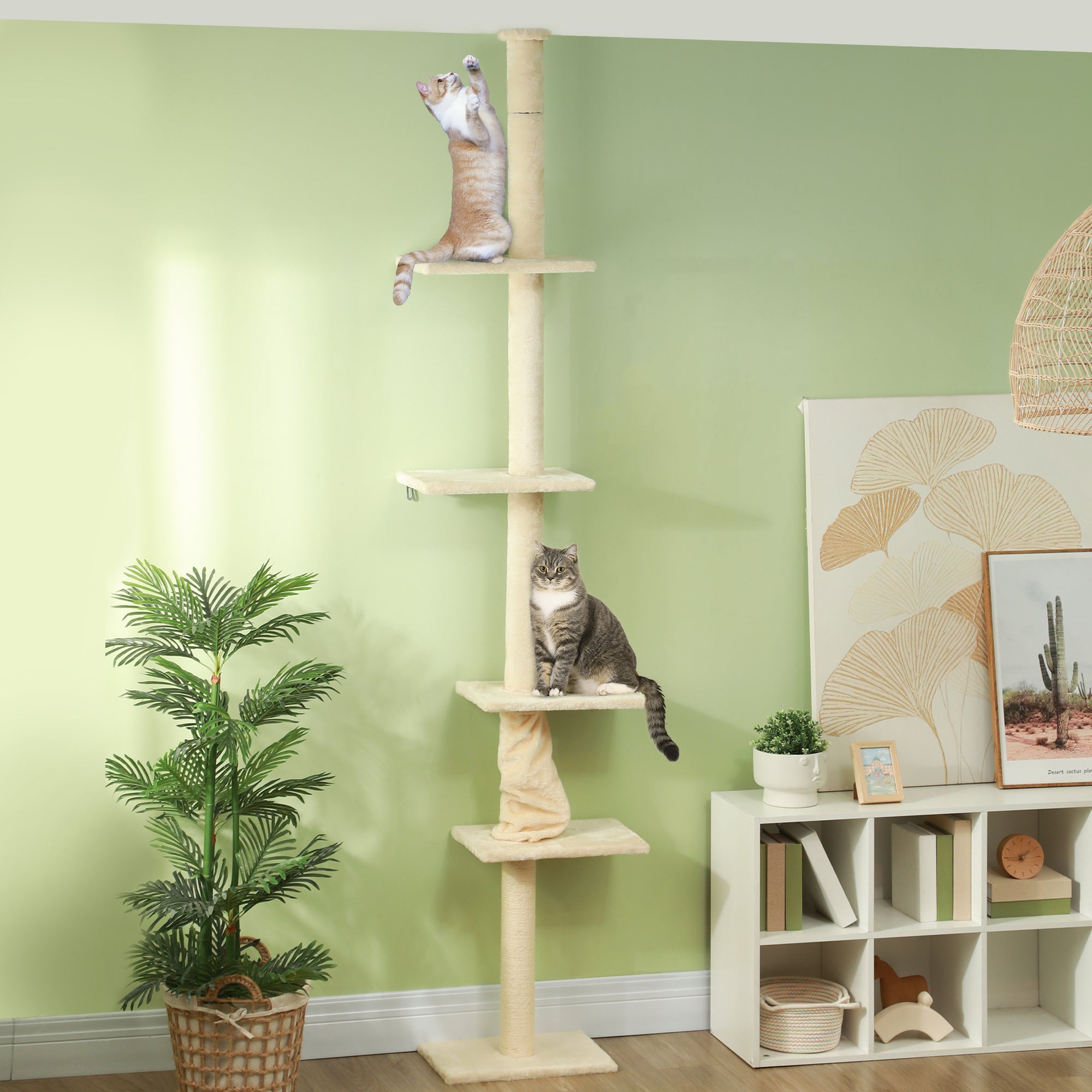 PawHut Floor to Ceiling Cat Tree, 89"-108" 5 Tier Cat Tower with Scratching Post, Hand Crank & Anti-Tip Kit, Tall Cat Tree for Indoor Cats, Kittens, Cream White