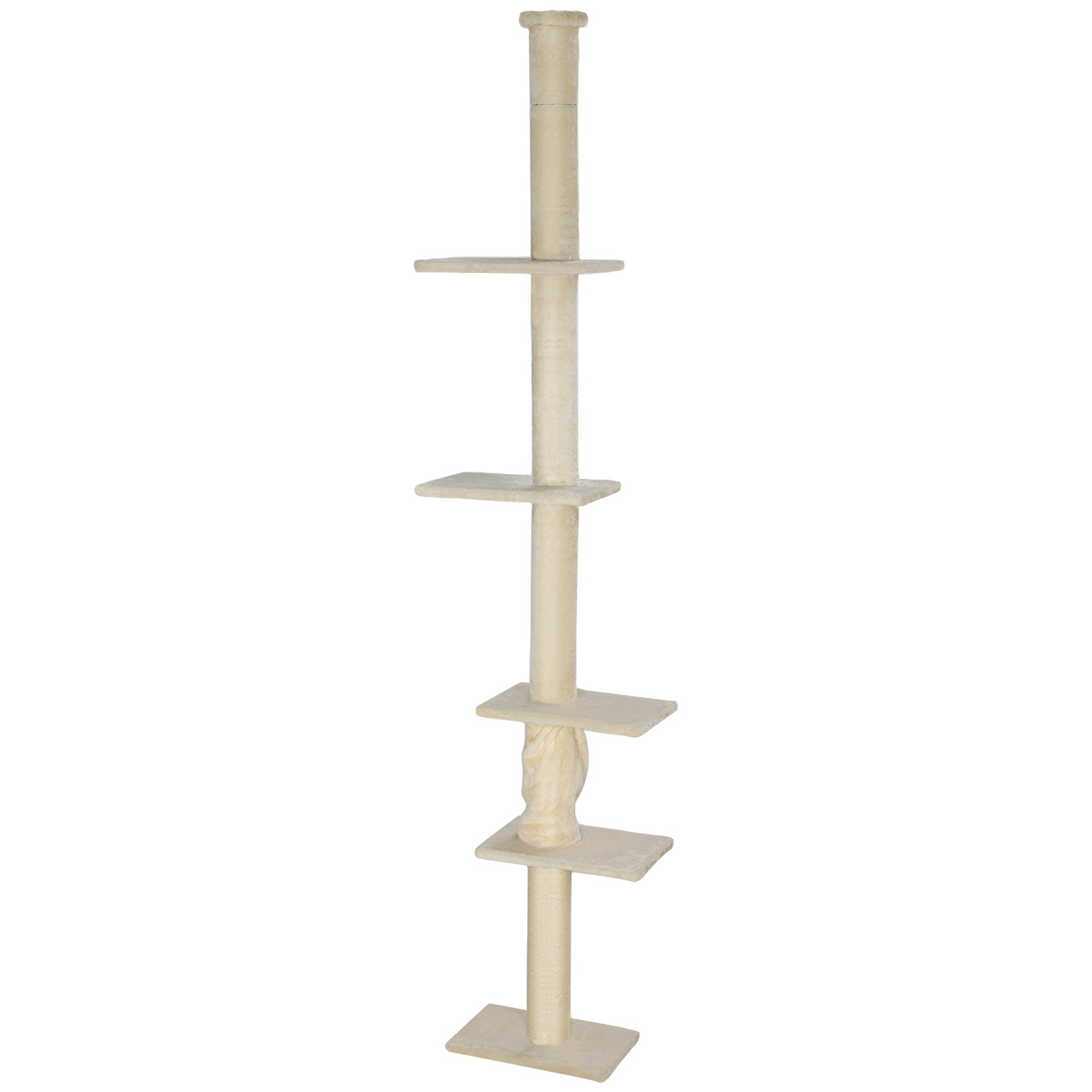 PawHut Floor to Ceiling Cat Tree, 89"-108" 5 Tier Cat Tower with Scratching Post, Hand Crank & Anti-Tip Kit, Tall Cat Tree for Indoor Cats, Kittens, Cream White