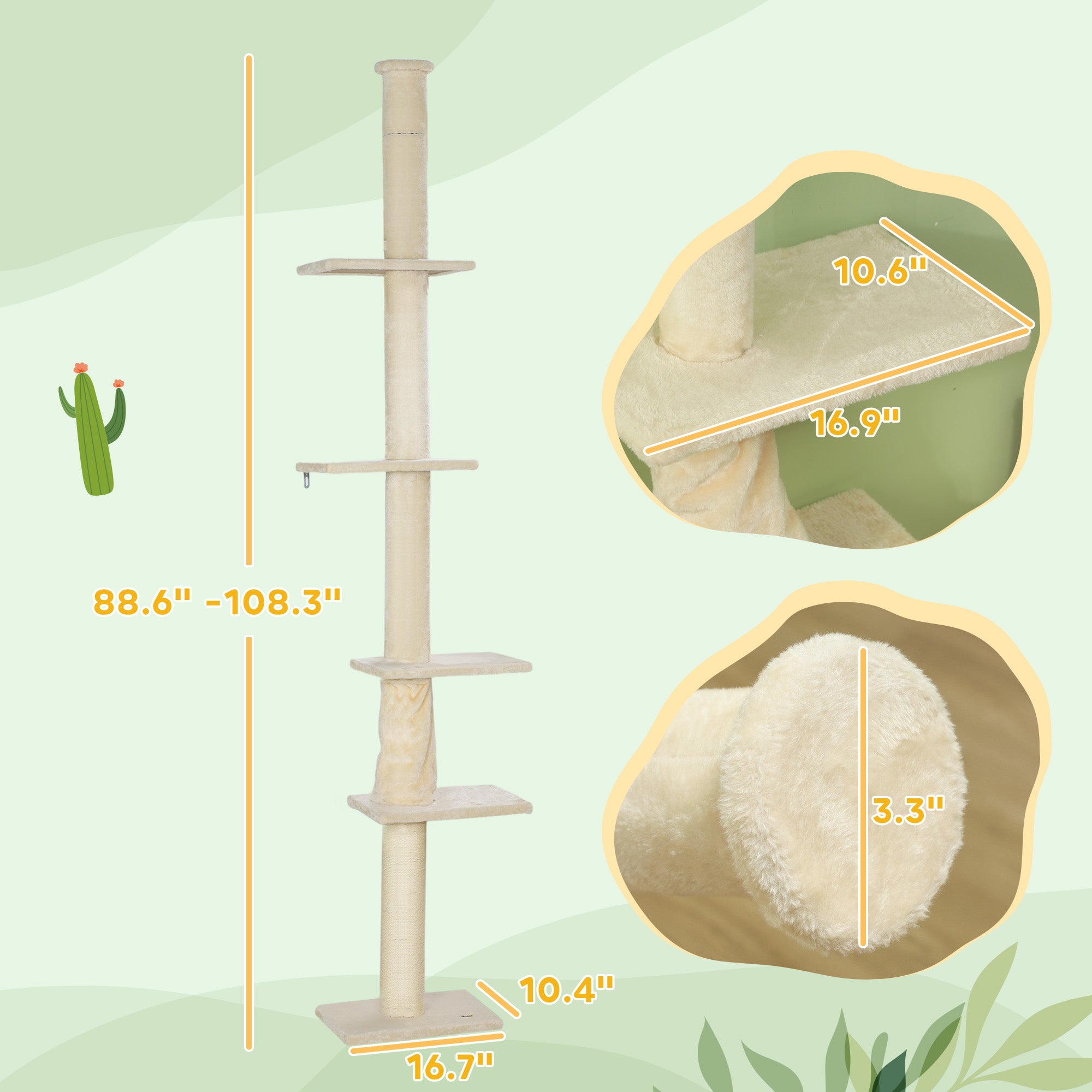 PawHut Floor to Ceiling Cat Tree, 89"-108" 5 Tier Cat Tower with Scratching Post, Hand Crank & Anti-Tip Kit, Tall Cat Tree for Indoor Cats, Kittens, Cream White
