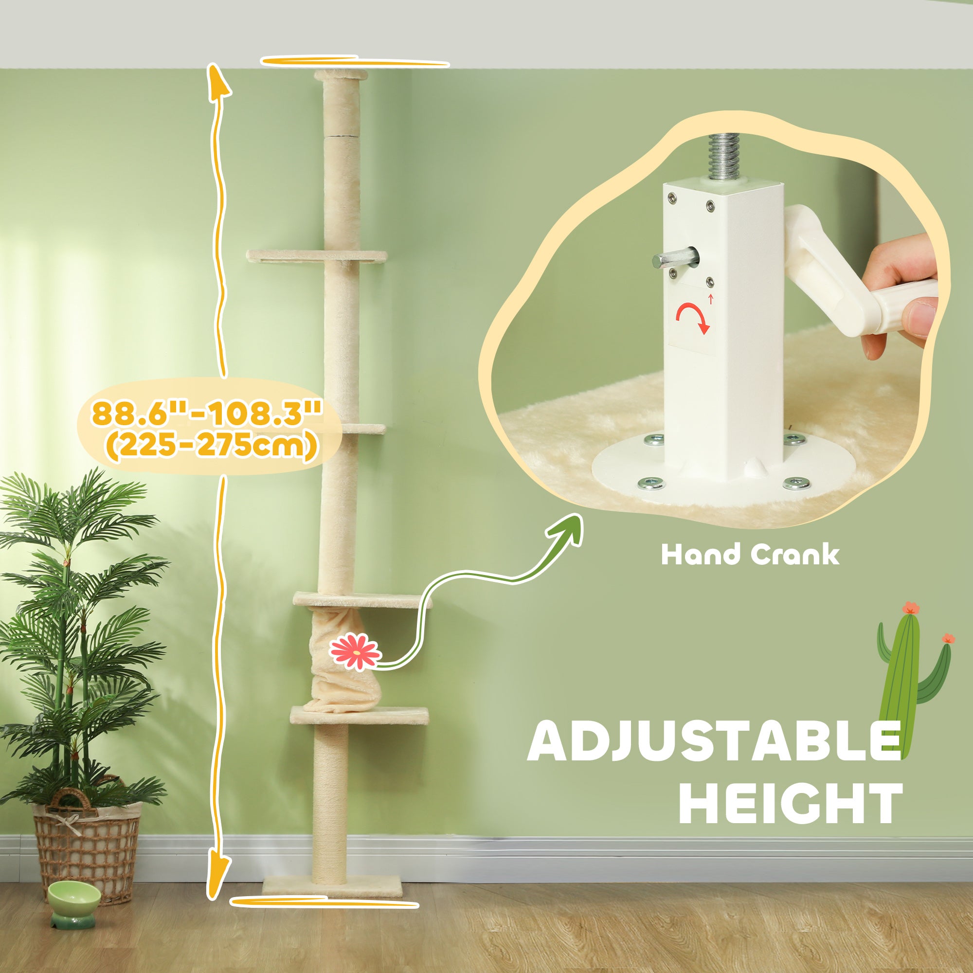 PawHut Floor to Ceiling Cat Tree, 89"-108" 5 Tier Cat Tower with Scratching Post, Hand Crank & Anti-Tip Kit, Tall Cat Tree for Indoor Cats, Kittens, Cream White