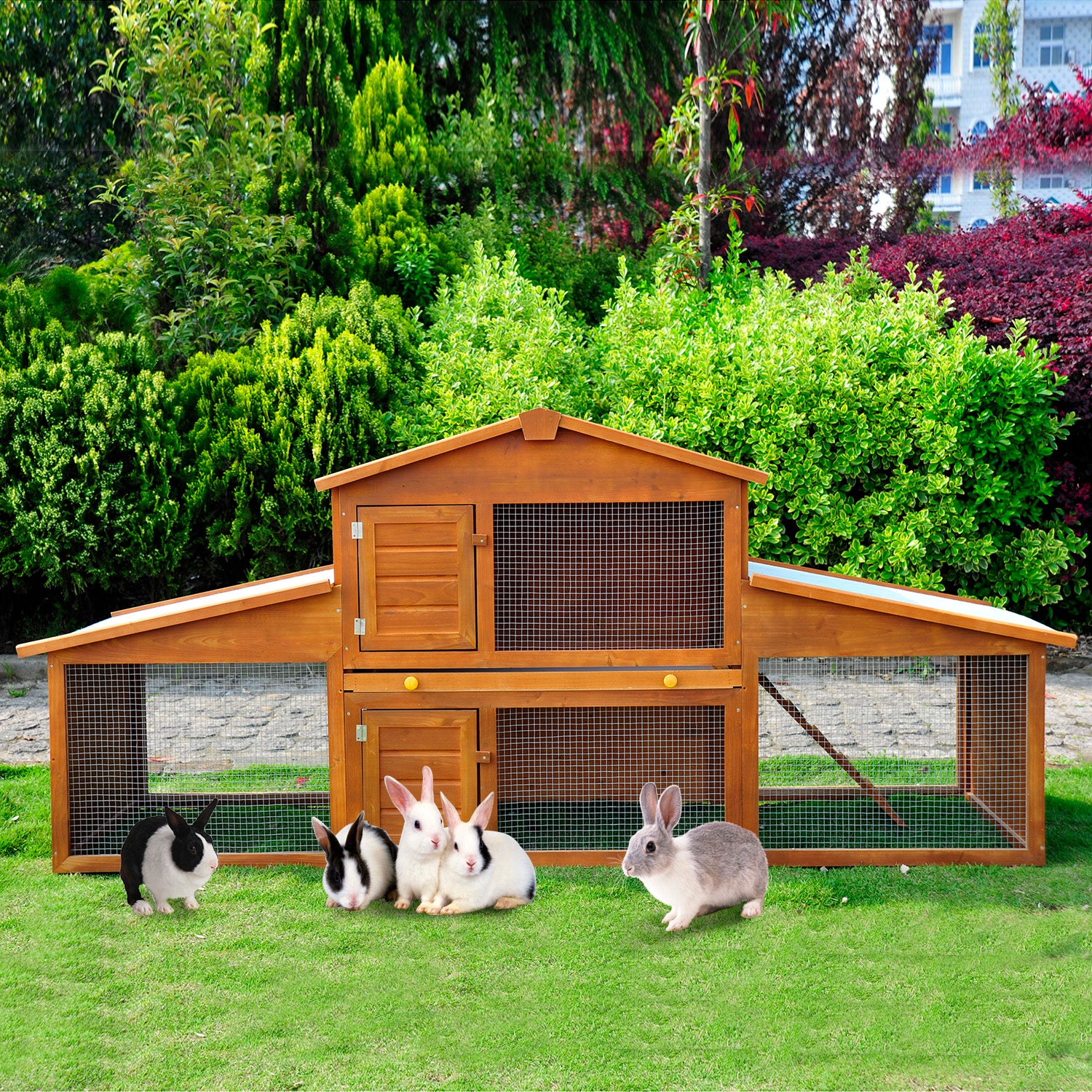 PawHut 2-Story Wooden Rabbit Hutch Backyard Bunny Cage Small Animal  House with Outdoor Run