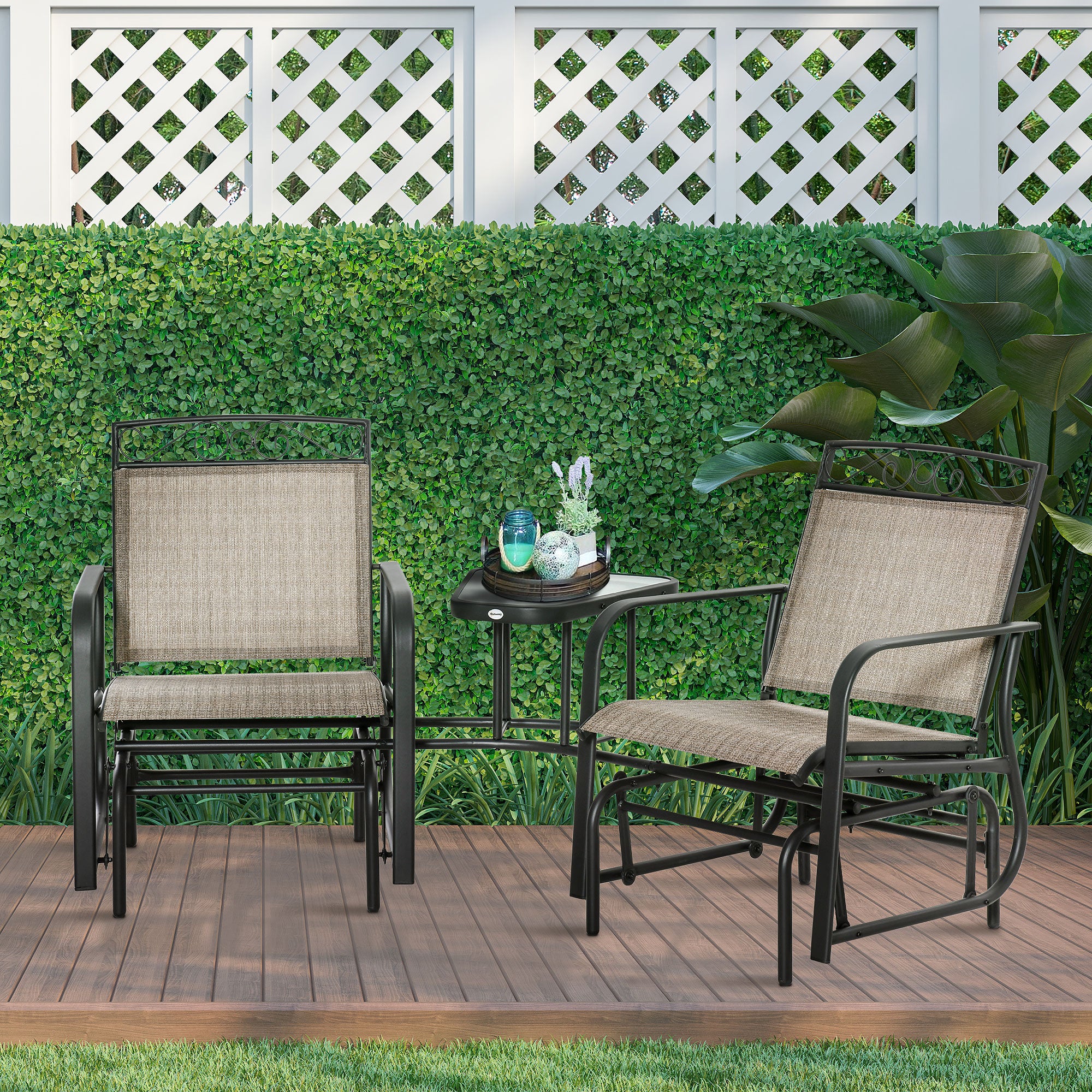 Outsunny Outdoor Glider Bench with Coffee Table, Patio 2-Seat Rocking Chair Swing Loveseat with Breathable Sling for Backyard Garden Porch, Brown