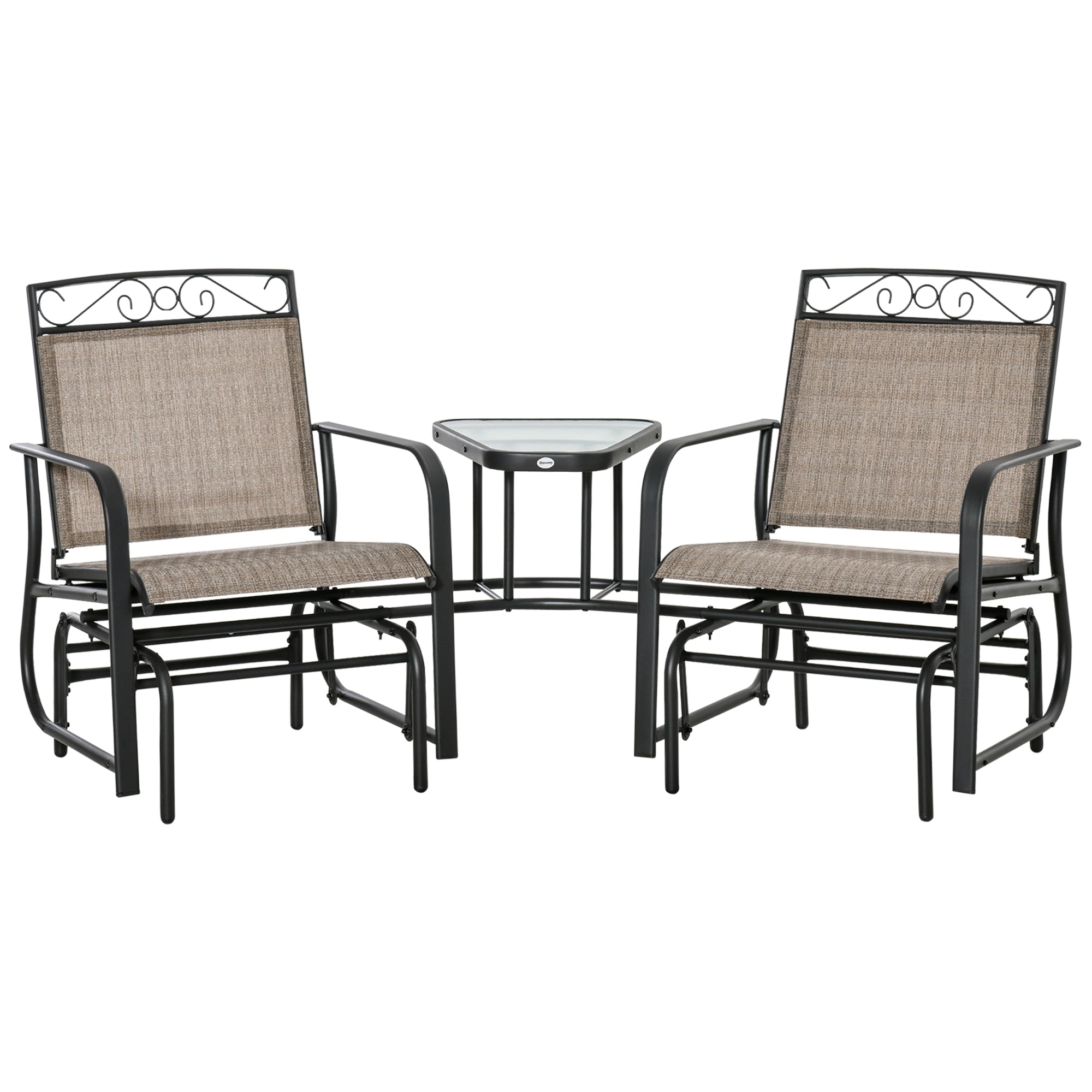 Outsunny Outdoor Glider Bench with Coffee Table, Patio 2-Seat Rocking Chair Swing Loveseat with Breathable Sling for Backyard Garden Porch, Brown