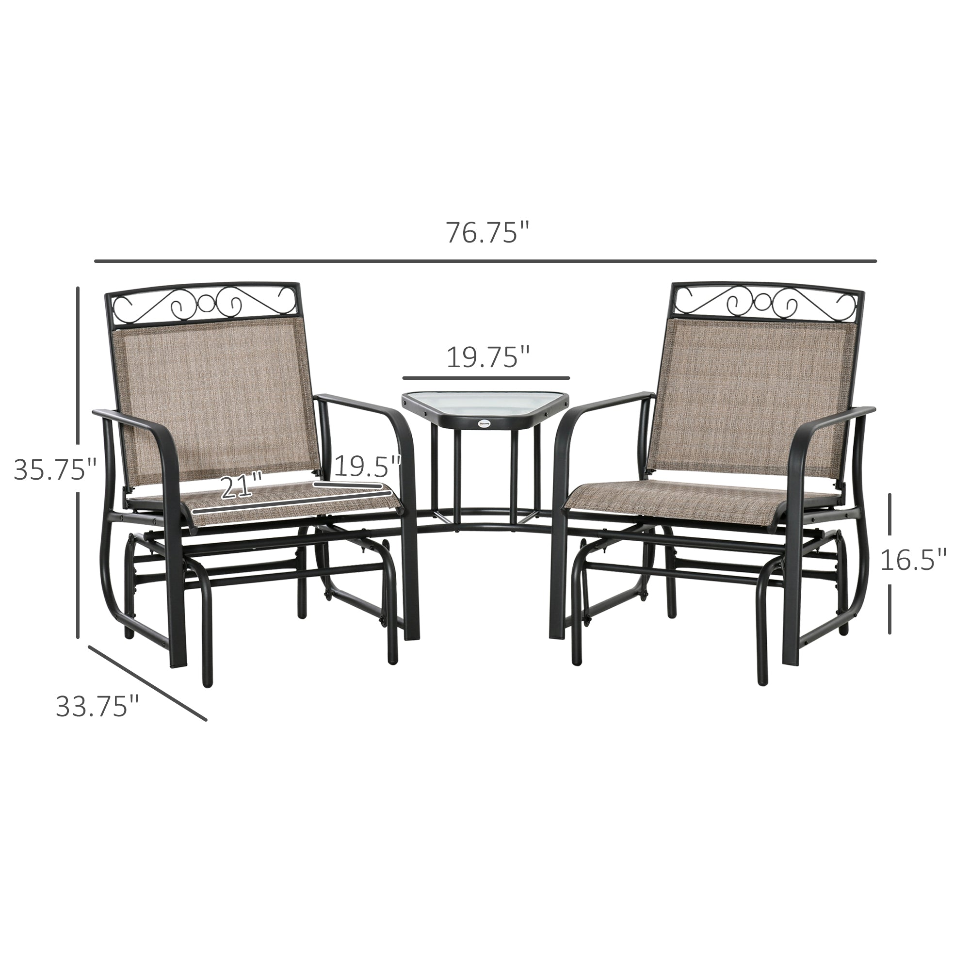 Outsunny Outdoor Glider Bench with Coffee Table, Patio 2-Seat Rocking Chair Swing Loveseat with Breathable Sling for Backyard Garden Porch, Brown