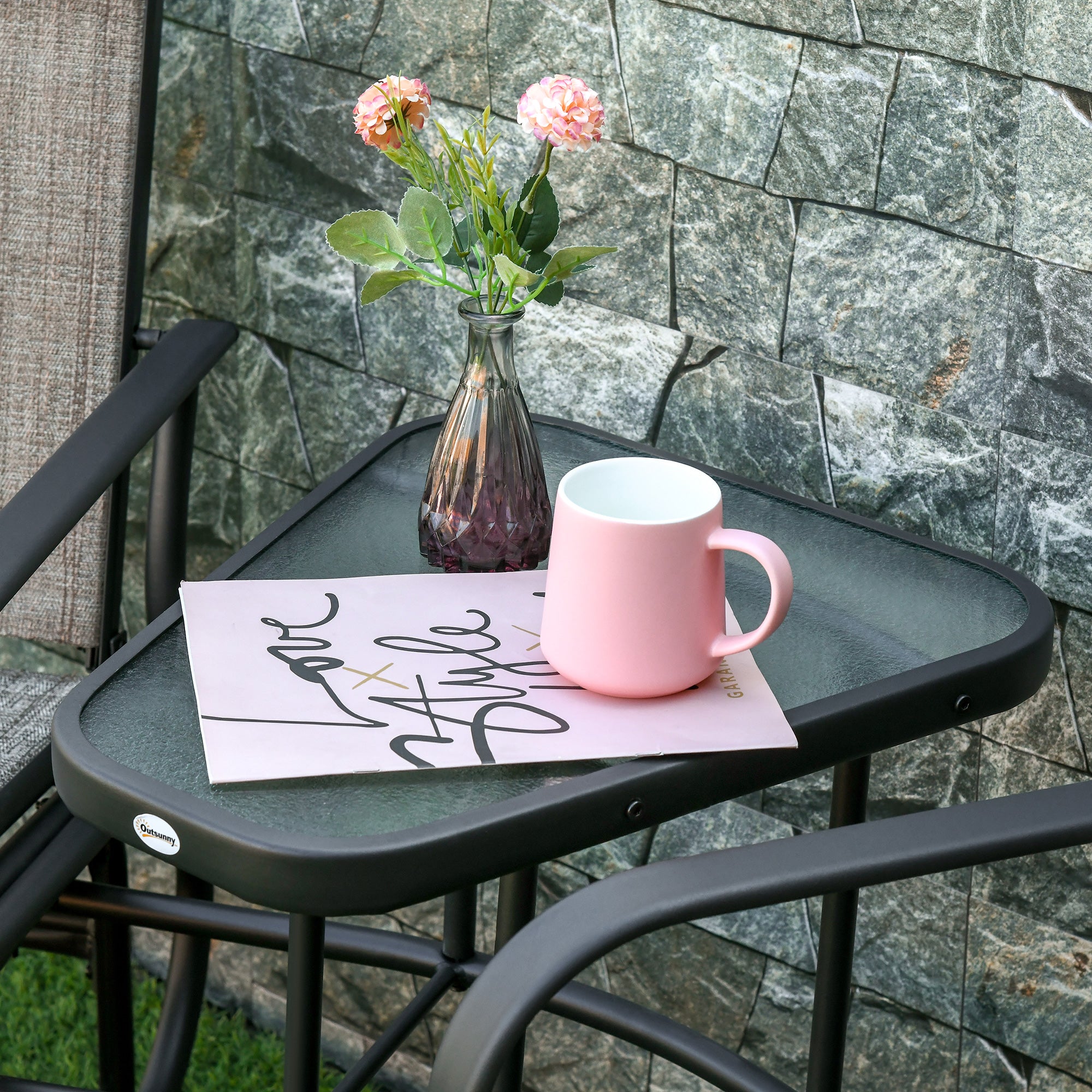 Outsunny Outdoor Glider Bench with Coffee Table, Patio 2-Seat Rocking Chair Swing Loveseat with Breathable Sling for Backyard Garden Porch, Brown