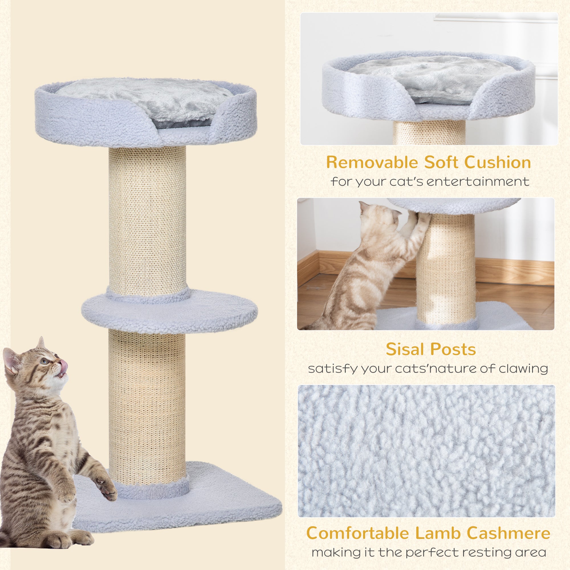 PawHut 36"H Large Cat Scratching Post for Indoor Cats, Bold Cat Tree Multi-Level Kitty Tower with Sisal Mat Scratch Rope, Cat Bed, Removable Cushion, Perch, Light Blue