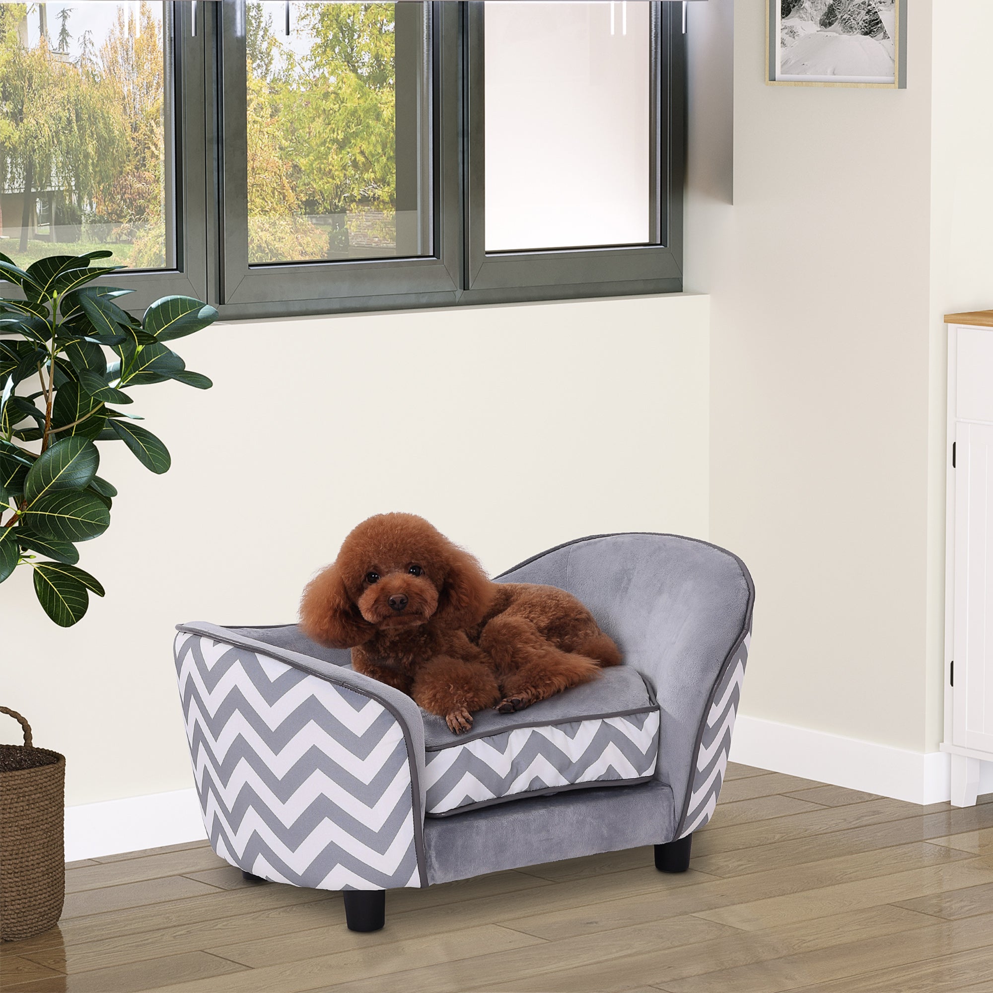PawHut Dog Sofa for XS-Sized Dogs, Elevated Pet Bed with Removable Sponge Padded Cushion, Cat Couch Lounge with Washable Cover, Storage Bag, Grey