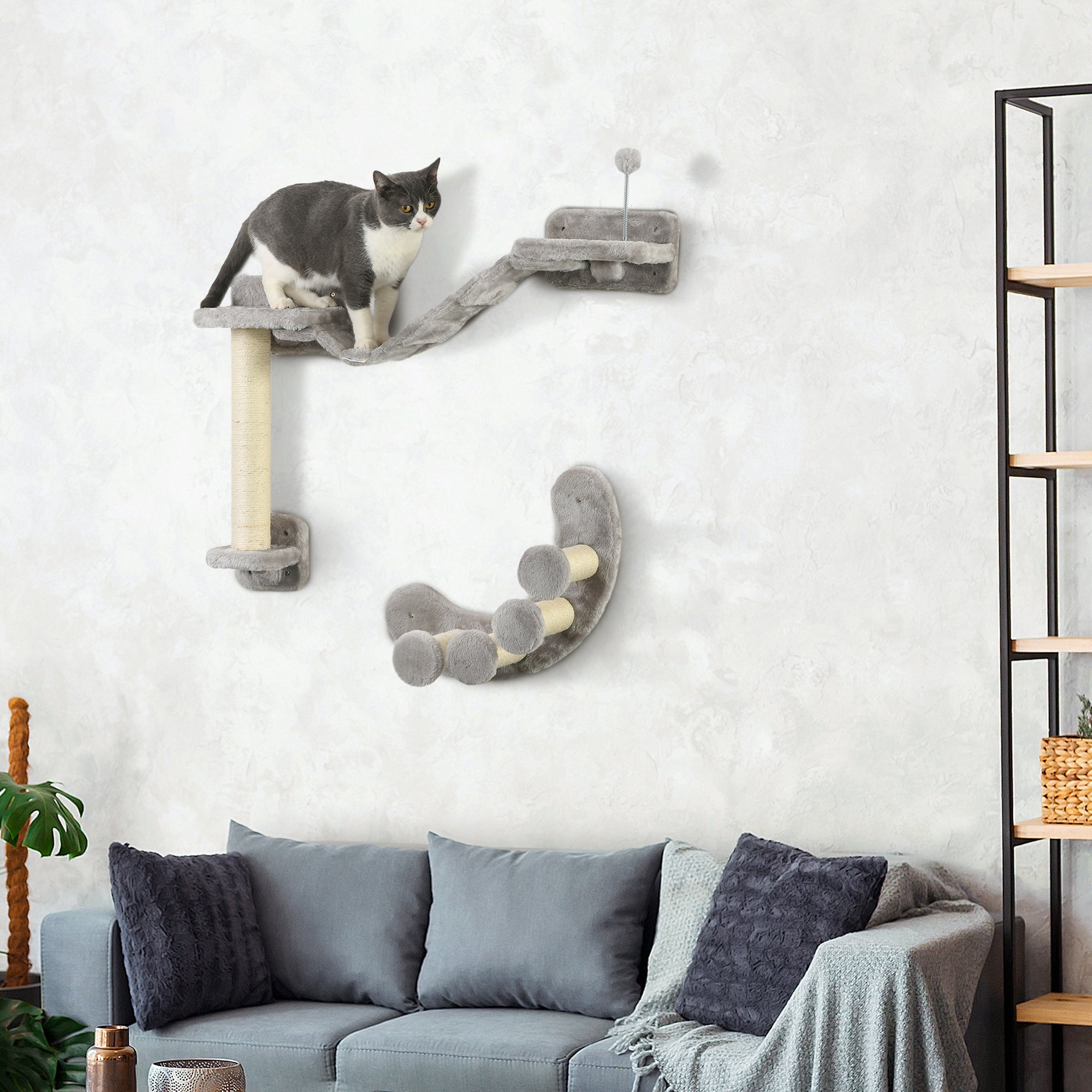 PawHut Cat Wall Shelf with Scratching Post, Cat Wall Shelves for Relaxing, Climbing, Cat Wall With Soft Ladder and Play Ball, Grey