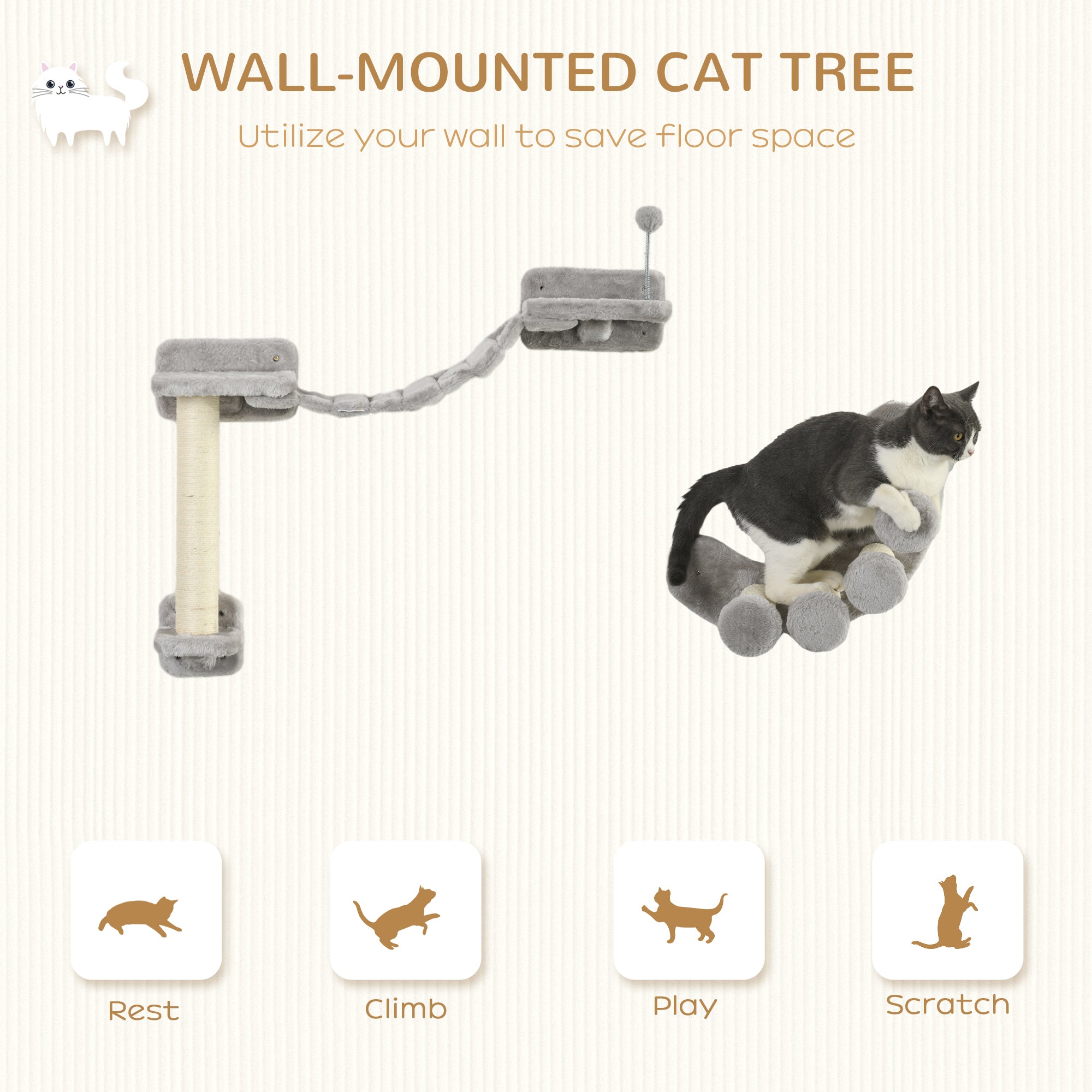 PawHut Cat Wall Shelf with Scratching Post, Cat Wall Shelves for Relaxing, Climbing, Cat Wall With Soft Ladder and Play Ball, Grey