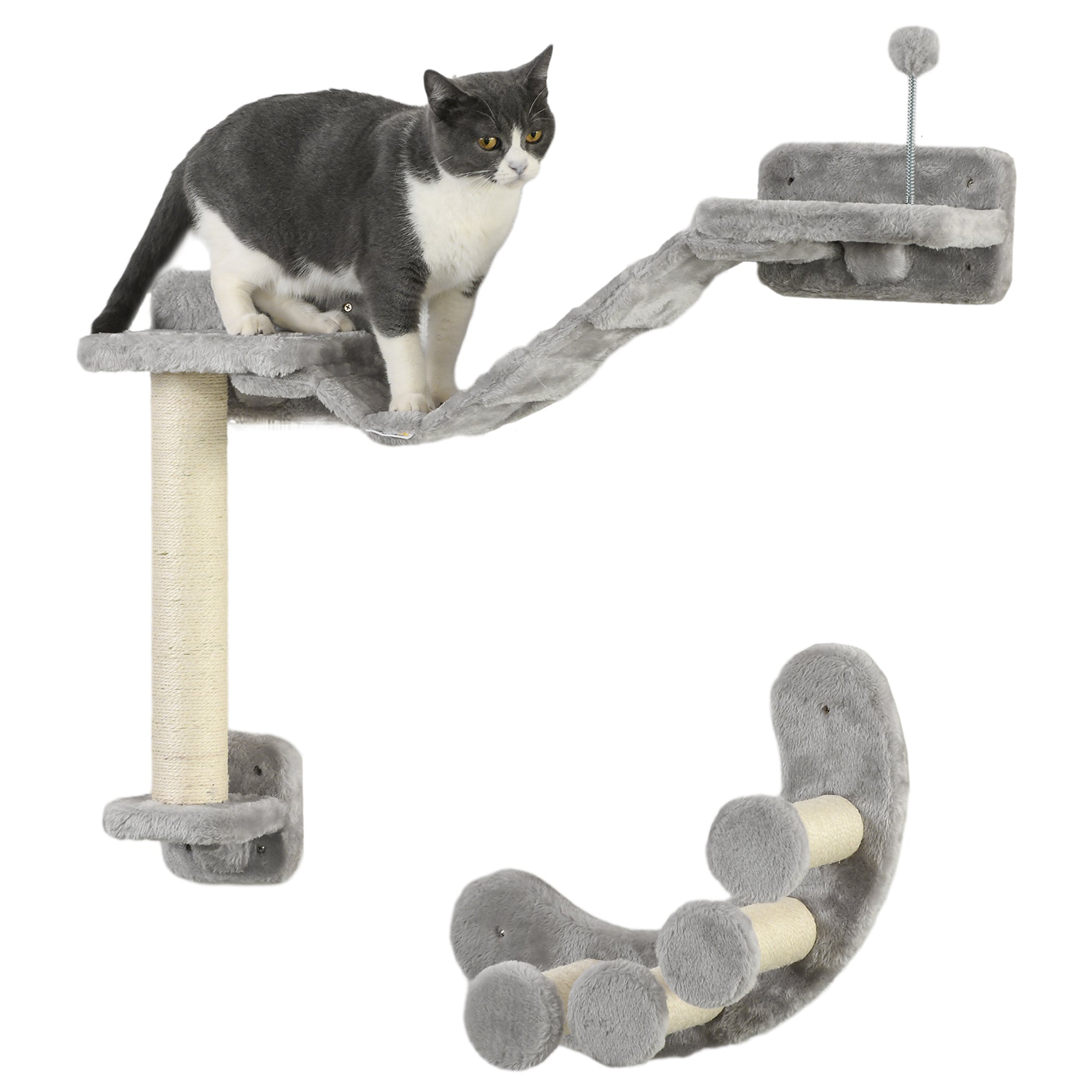 PawHut Cat Wall Shelf with Scratching Post, Cat Wall Shelves for Relaxing, Climbing, Cat Wall With Soft Ladder and Play Ball, Grey