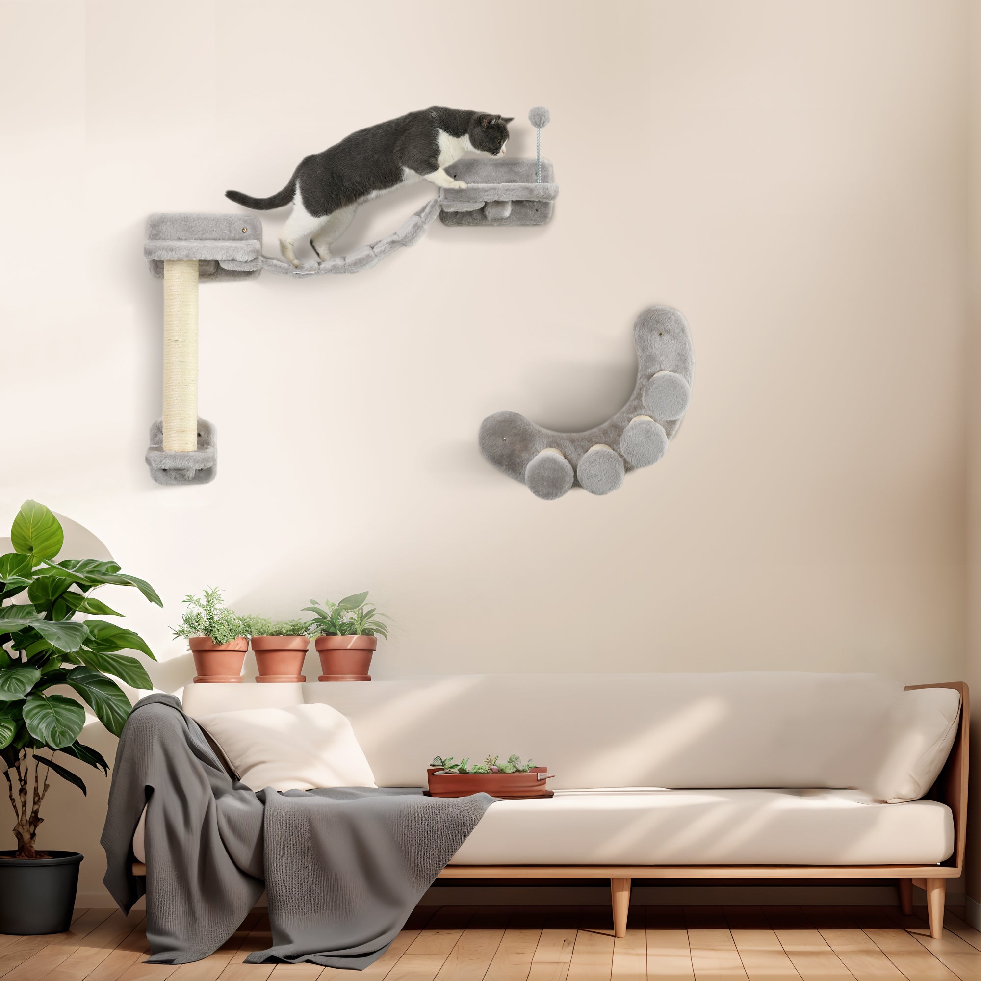 PawHut Cat Wall Shelf with Scratching Post, Cat Wall Shelves for Relaxing, Climbing, Cat Wall With Soft Ladder and Play Ball, Grey
