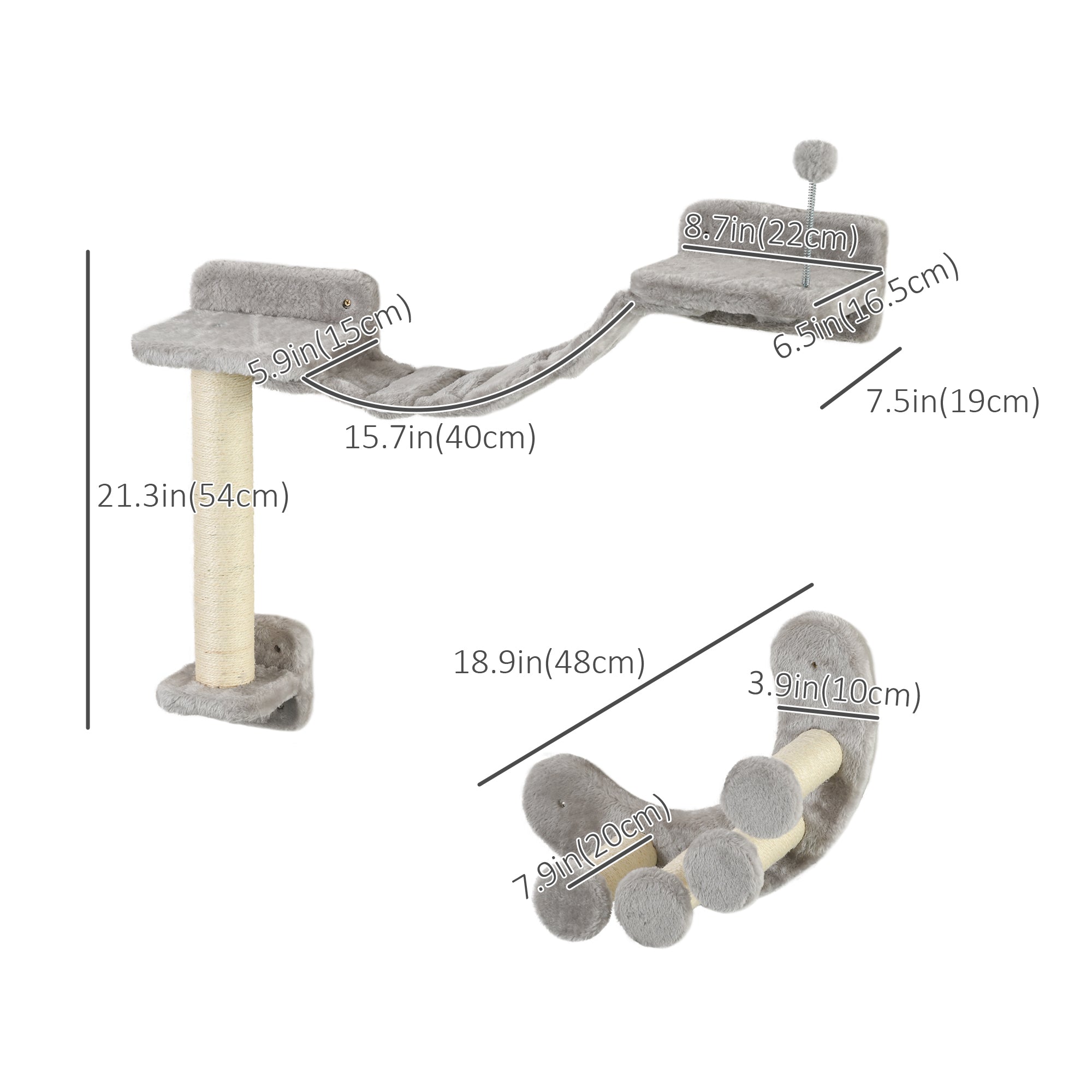 PawHut Cat Wall Shelf with Scratching Post, Cat Wall Shelves for Relaxing, Climbing, Cat Wall With Soft Ladder and Play Ball, Grey