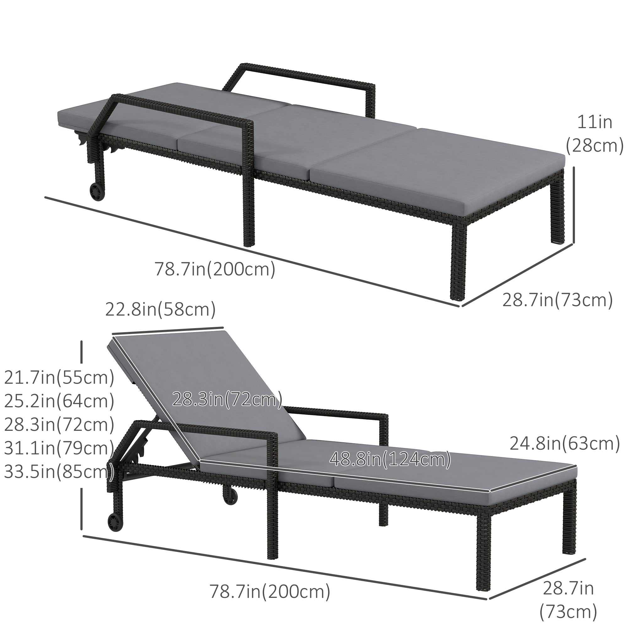 Outsunny Wicker Chaise Lounger PE Rattan Outdoor Lounge Chair Garden Chair Recliner with 5-Level Adjustable Backrest and 2 Wheels, Light Grey