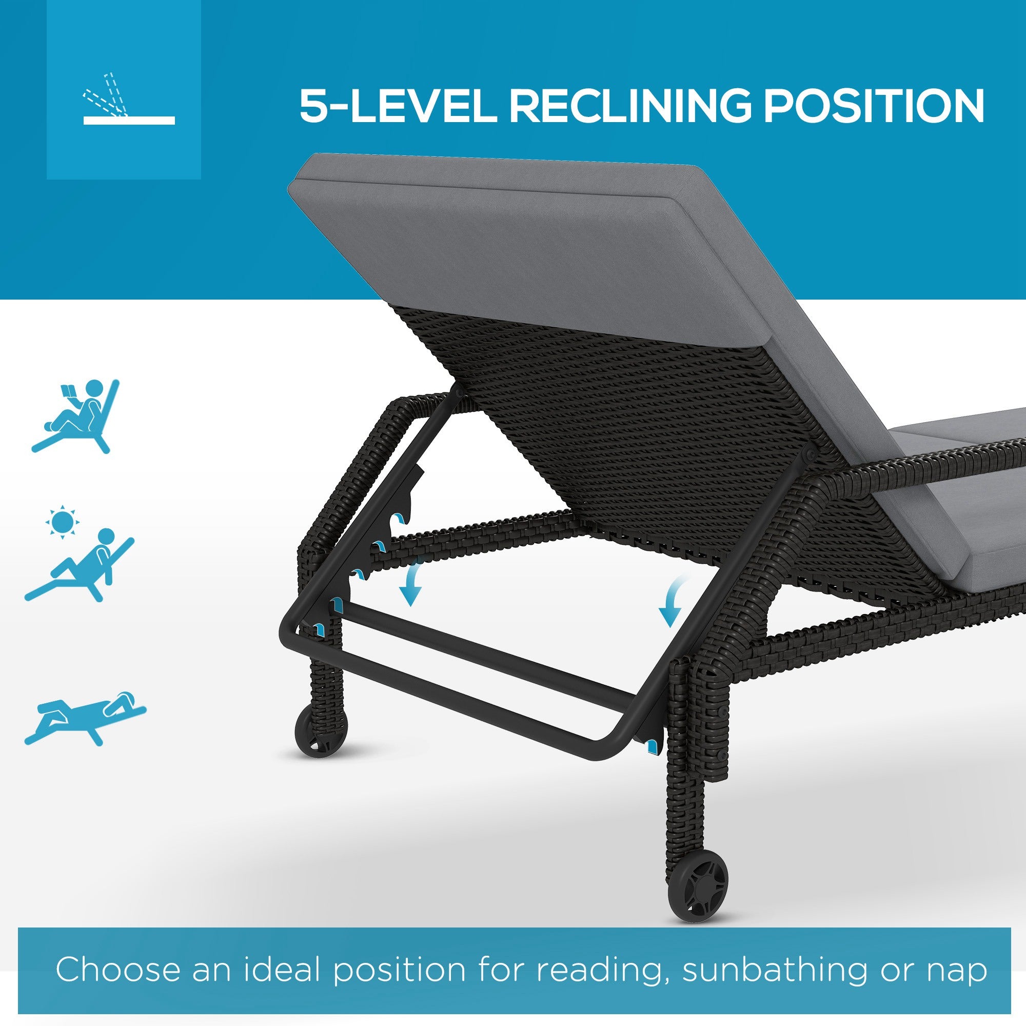 Outsunny Wicker Chaise Lounger PE Rattan Outdoor Lounge Chair Garden Chair Recliner with 5-Level Adjustable Backrest and 2 Wheels, Light Grey