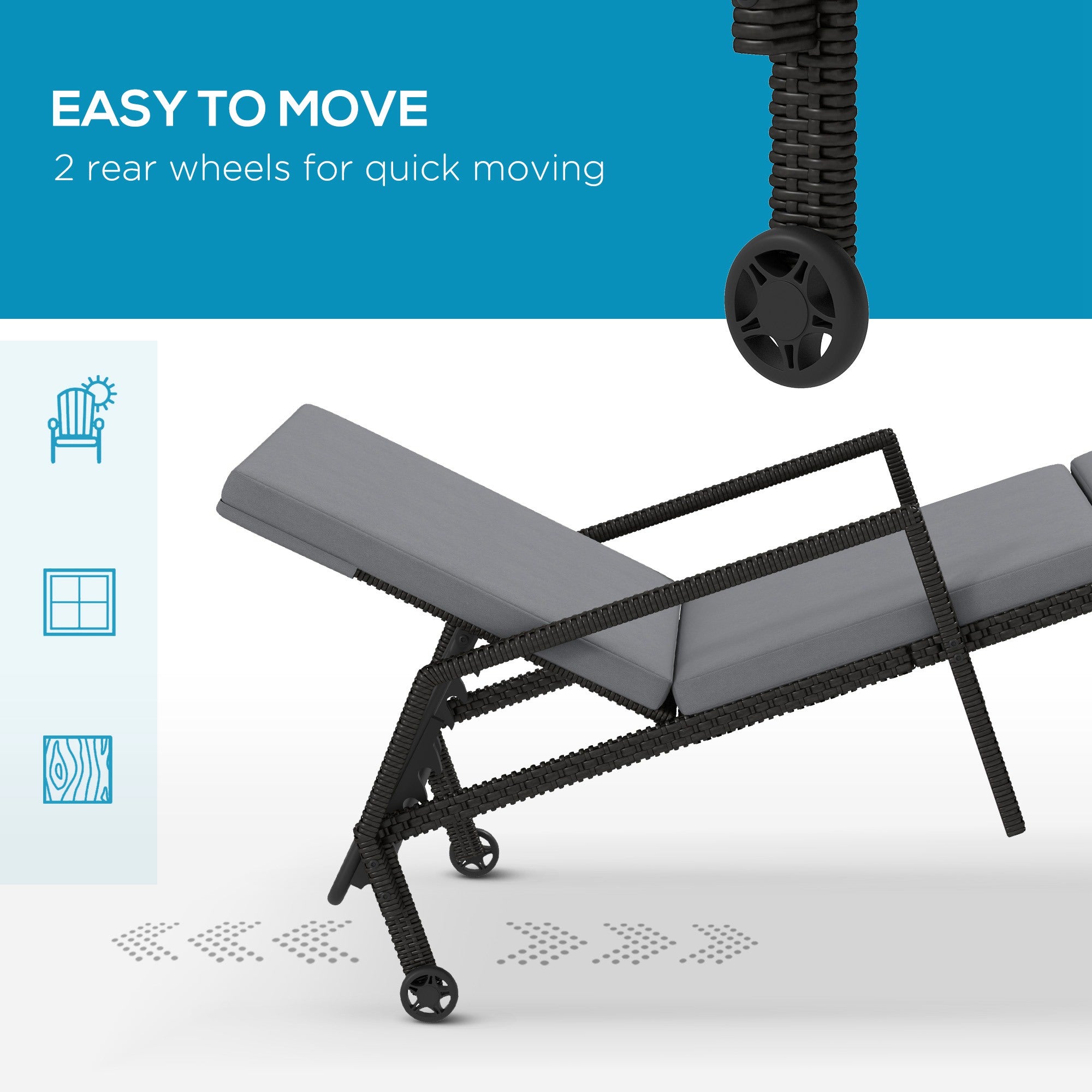 Outsunny Wicker Chaise Lounger PE Rattan Outdoor Lounge Chair Garden Chair Recliner with 5-Level Adjustable Backrest and 2 Wheels, Light Grey