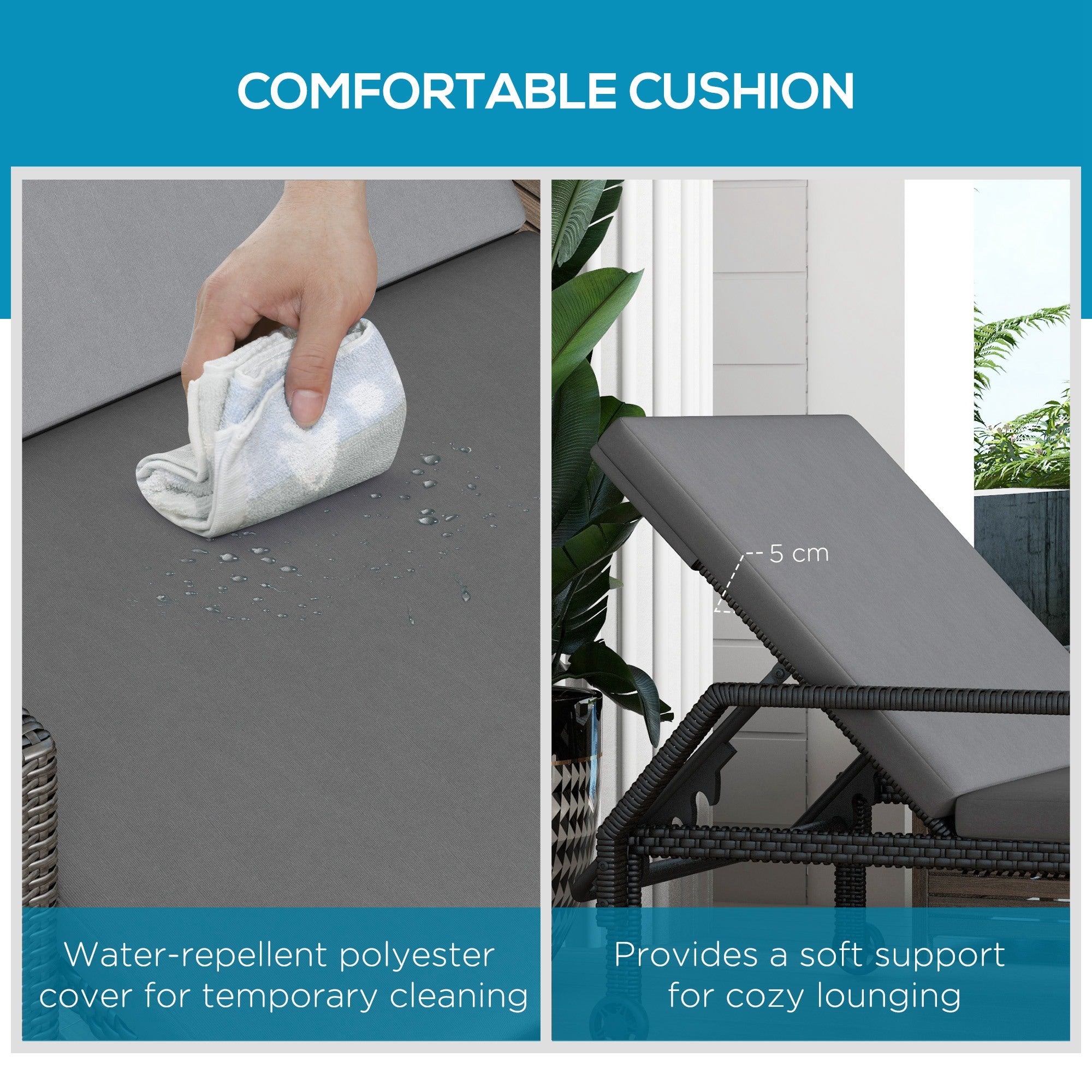 Outsunny Wicker Chaise Lounger PE Rattan Outdoor Lounge Chair Garden Chair Recliner with 5-Level Adjustable Backrest and 2 Wheels, Light Grey