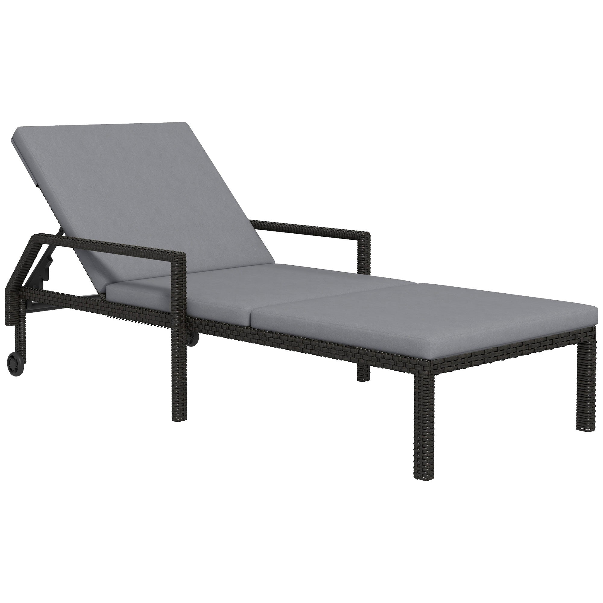 Outsunny Wicker Chaise Lounger PE Rattan Outdoor Lounge Chair Garden Chair Recliner with 5-Level Adjustable Backrest and 2 Wheels, Light Grey