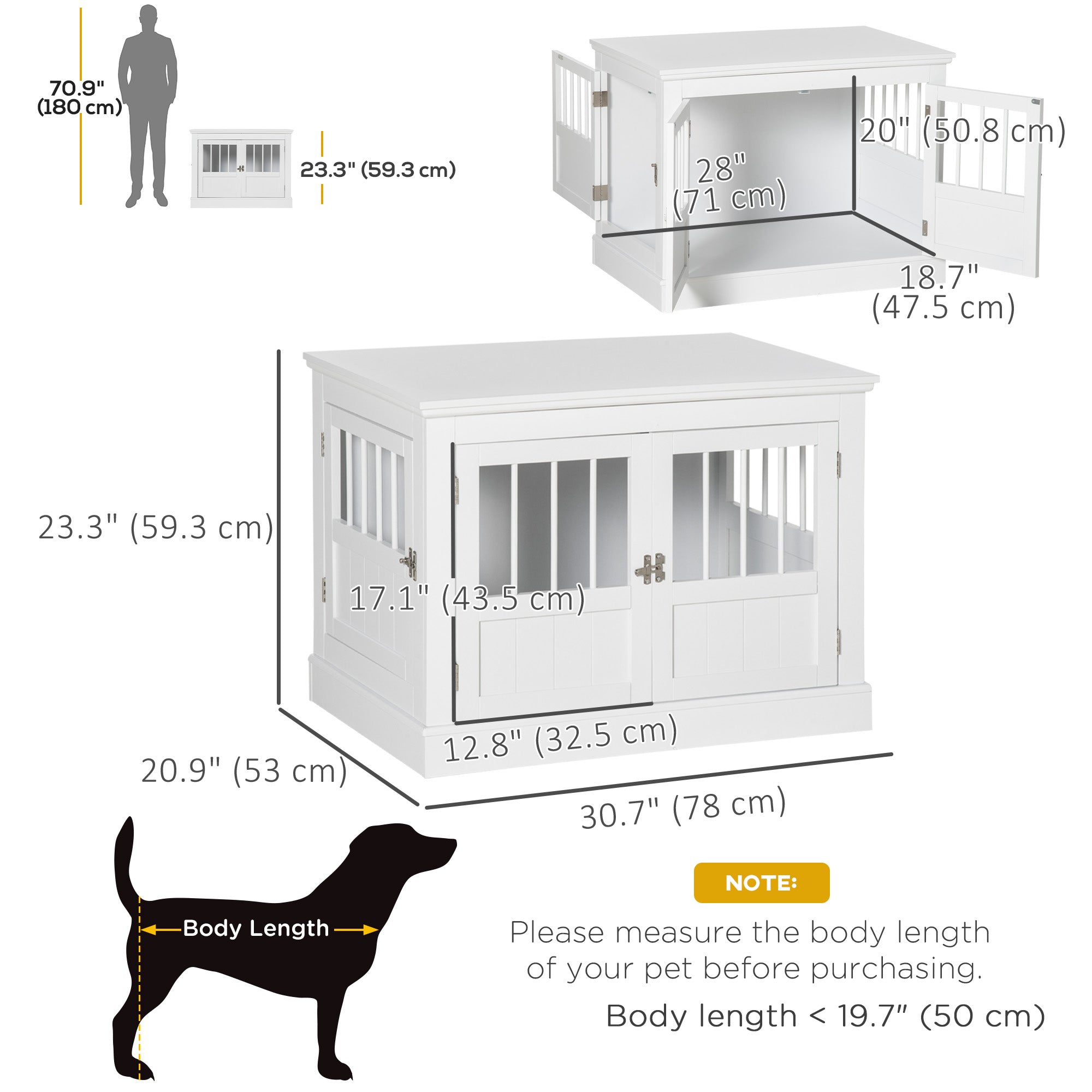 PawHut Dog Crate Furniture, 31" Dog Kennel Side End Table with Three Doors, Indoor Dog Cage for Small Dogs, White