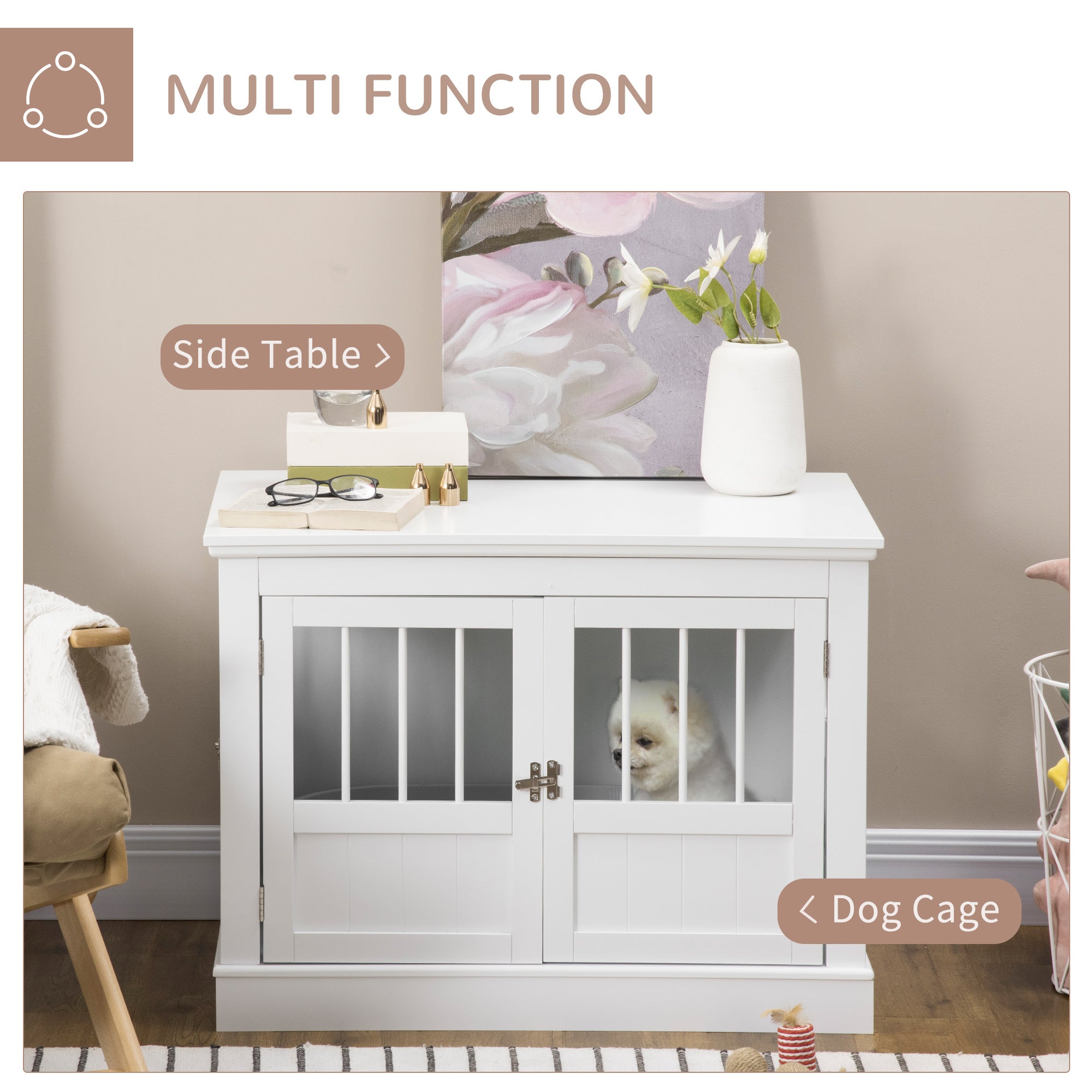 PawHut Dog Crate Furniture, 31" Dog Kennel Side End Table with Three Doors, Indoor Dog Cage for Small Dogs, White