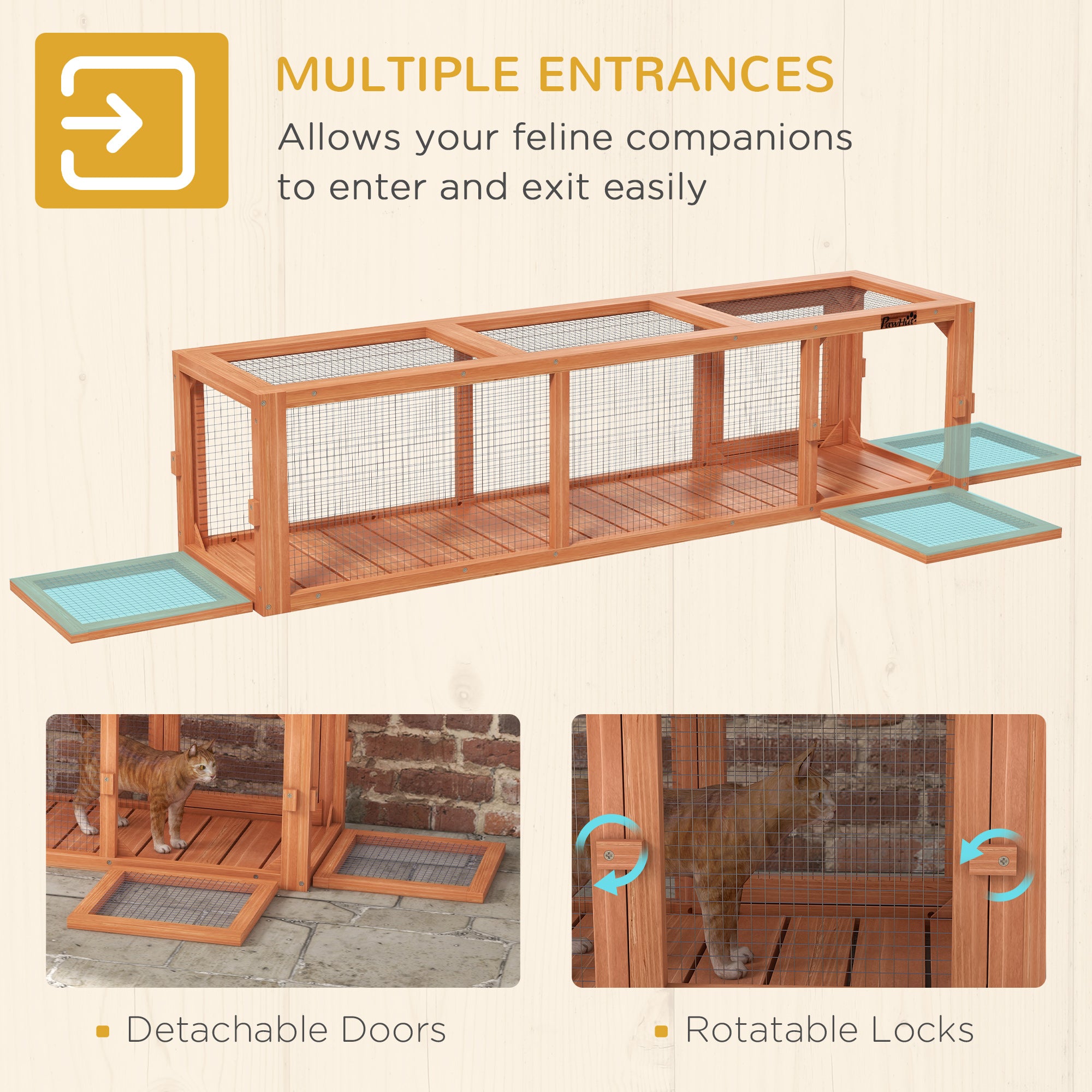 PawHut Outdoor Cat Tunnel with Extendable Design, 59" L Wooden Cat Run with Weather Protection, Connecting Inside and Outside, for Deck Patios, Balconies, Orange