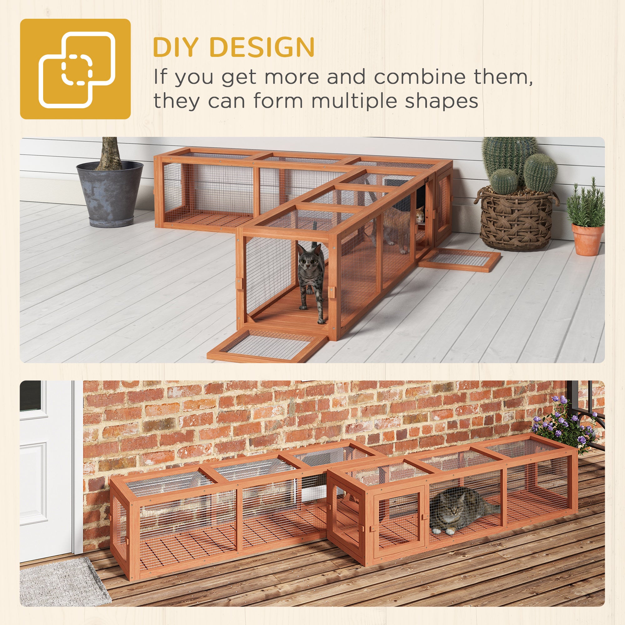 PawHut Outdoor Cat Tunnel with Extendable Design, 59" L Wooden Cat Run with Weather Protection, Connecting Inside and Outside, for Deck Patios, Balconies, Orange