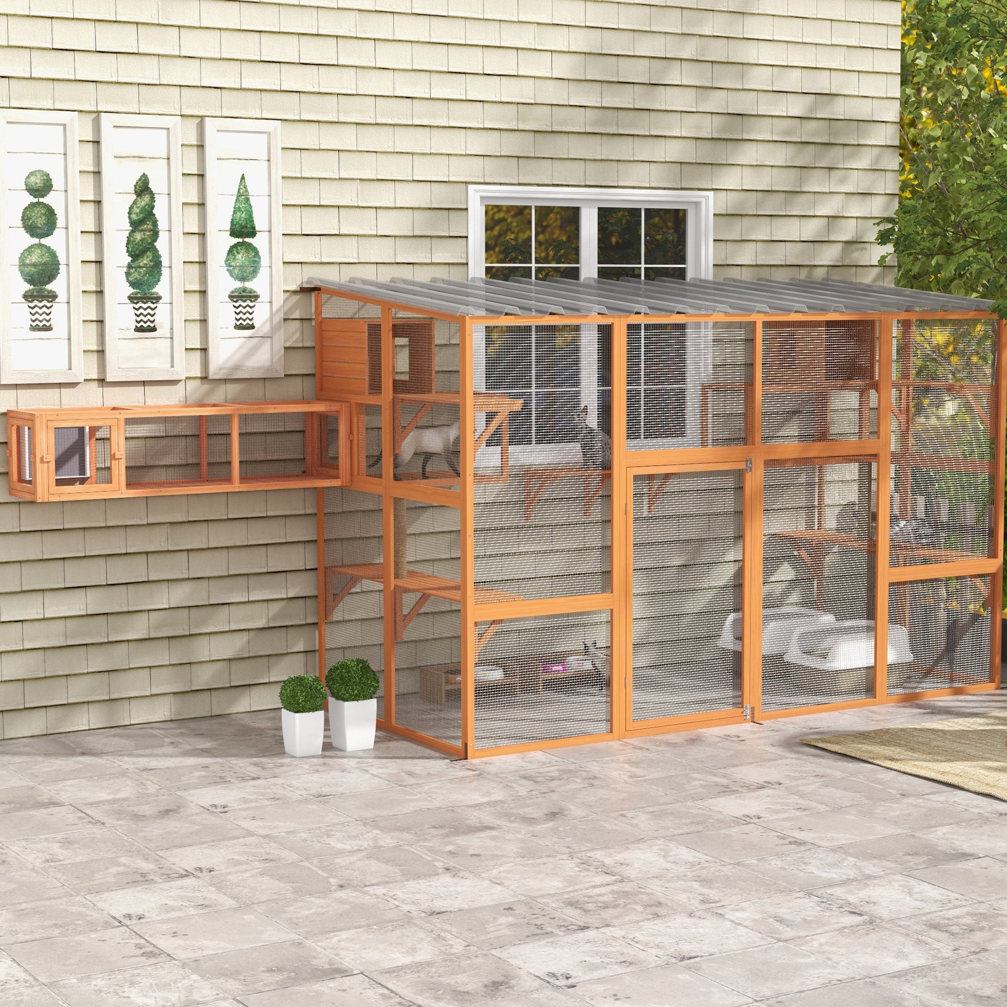 PawHut Outdoor Cat Tunnel with Extendable Design, 59" L Wooden Cat Run with Weather Protection, Connecting Inside and Outside, for Deck Patios, Balconies, Orange
