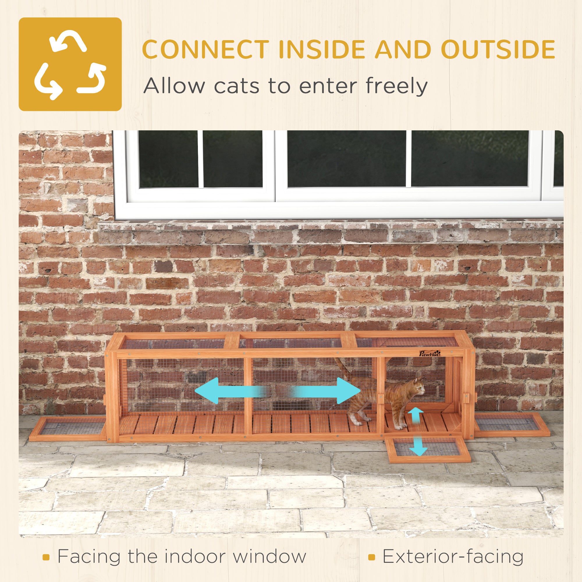 PawHut Outdoor Cat Tunnel with Extendable Design, 59" L Wooden Cat Run with Weather Protection, Connecting Inside and Outside, for Deck Patios, Balconies, Orange