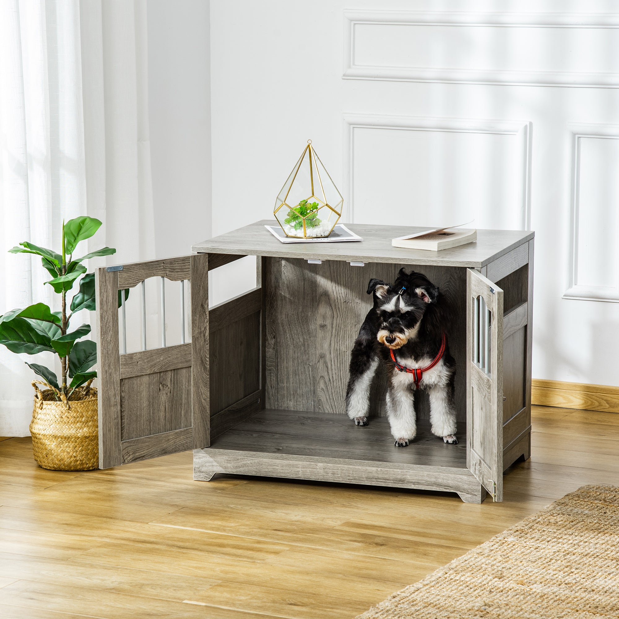 PawHut 29.5" Wooden Dog Cage with Windows, End Table Furniture Style, Modern Pet Kennel with Lockable Doors Elevated Base for Small and Medium-sized Dogs, Grey