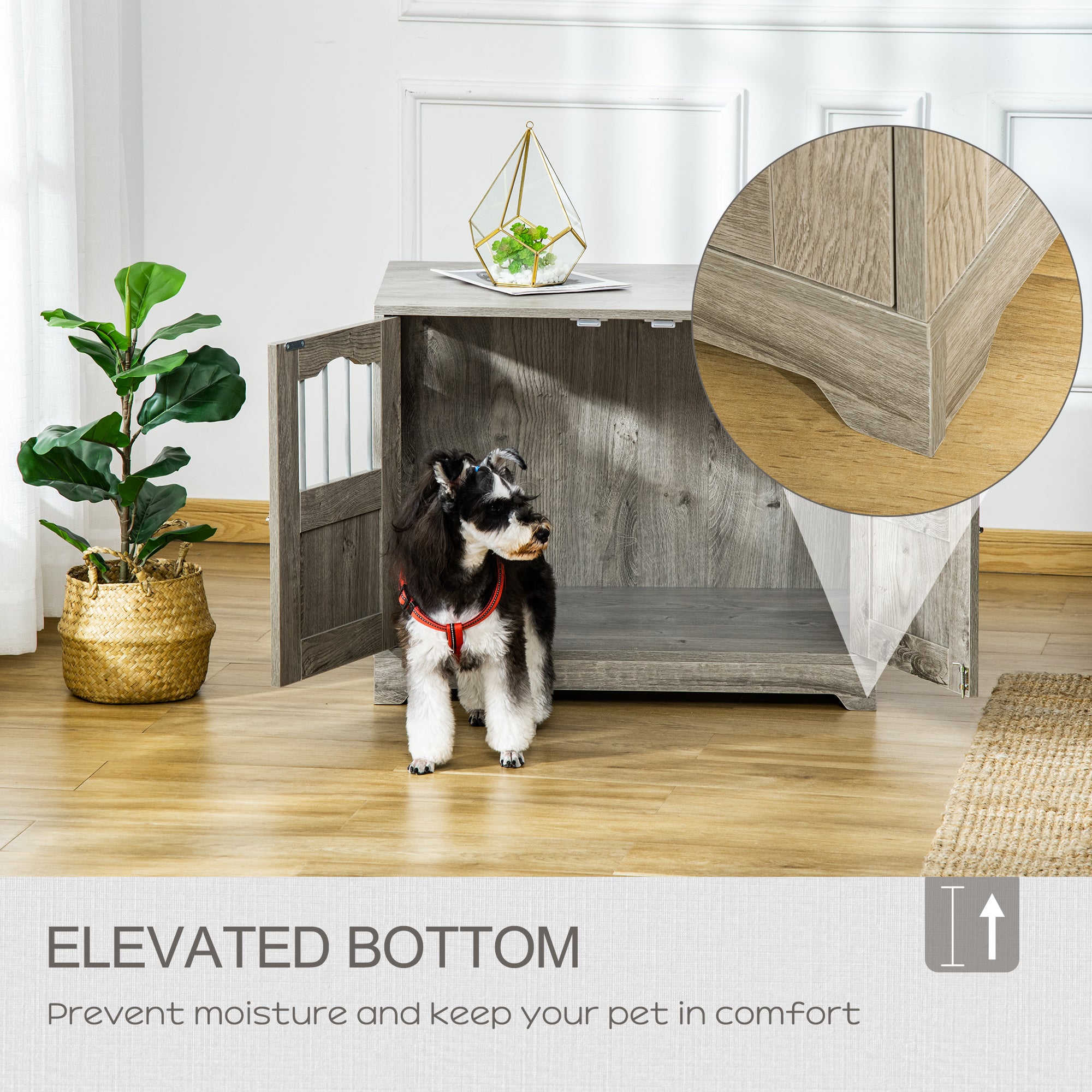 PawHut 29.5" Wooden Dog Cage with Windows, End Table Furniture Style, Modern Pet Kennel with Lockable Doors Elevated Base for Small and Medium-sized Dogs, Grey
