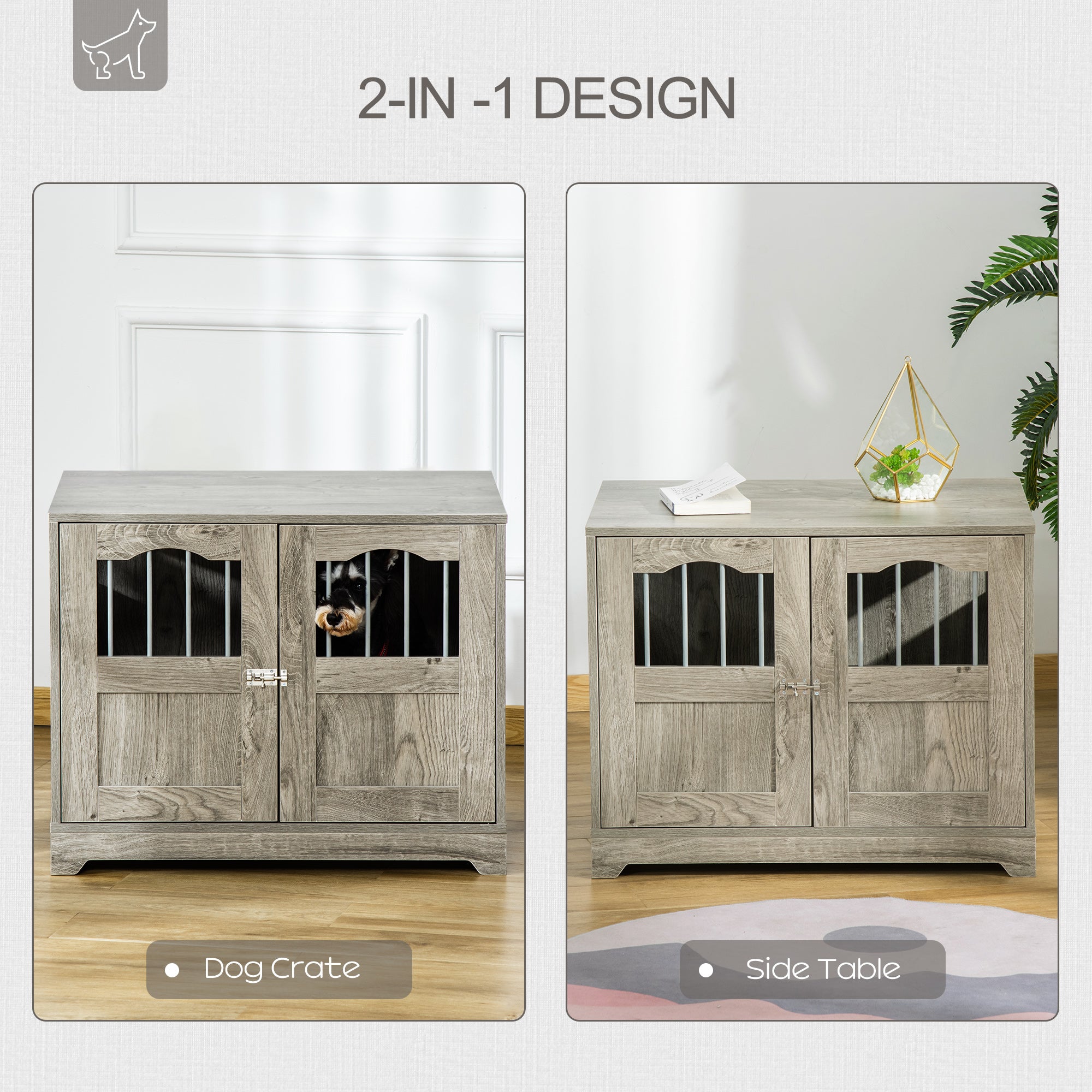 PawHut 29.5" Wooden Dog Cage with Windows, End Table Furniture Style, Modern Pet Kennel with Lockable Doors Elevated Base for Small and Medium-sized Dogs, Grey