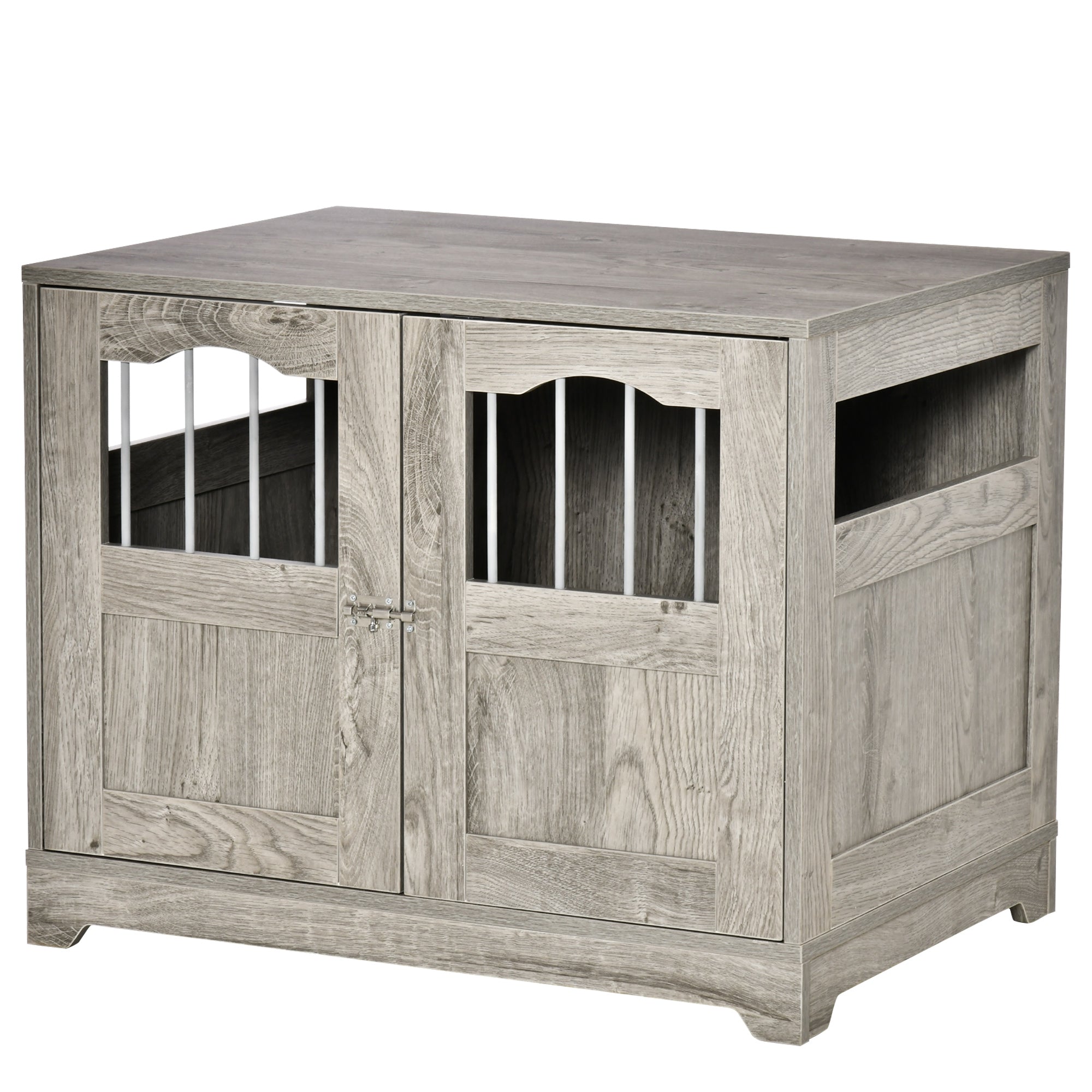 PawHut 29.5" Wooden Dog Cage with Windows, End Table Furniture Style, Modern Pet Kennel with Lockable Doors Elevated Base for Small and Medium-sized Dogs, Grey