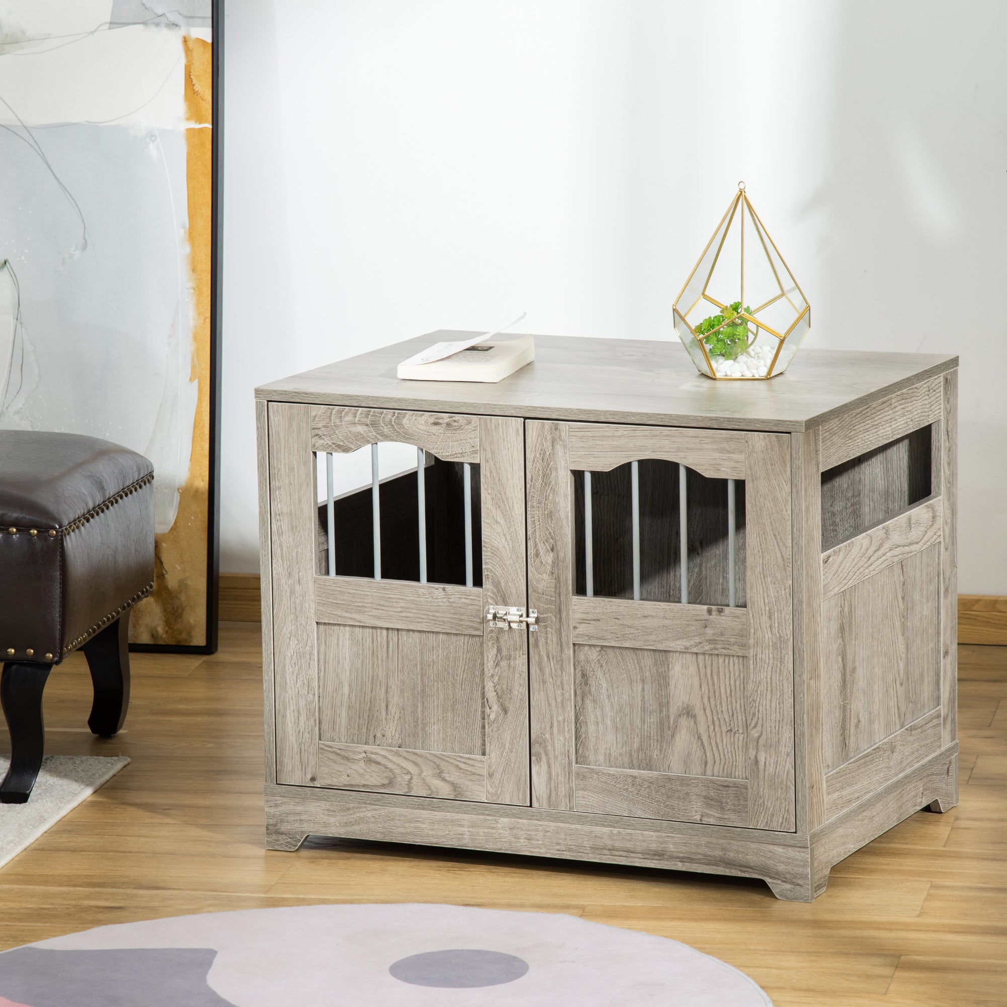 PawHut 29.5" Wooden Dog Cage with Windows, End Table Furniture Style, Modern Pet Kennel with Lockable Doors Elevated Base for Small and Medium-sized Dogs, Grey