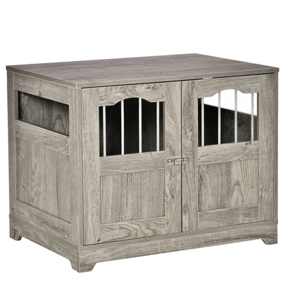 PawHut 29.5" Wooden Dog Cage with Windows, End Table Furniture Style, Modern Pet Kennel with Lockable Doors Elevated Base for Small and Medium-sized Dogs, Grey