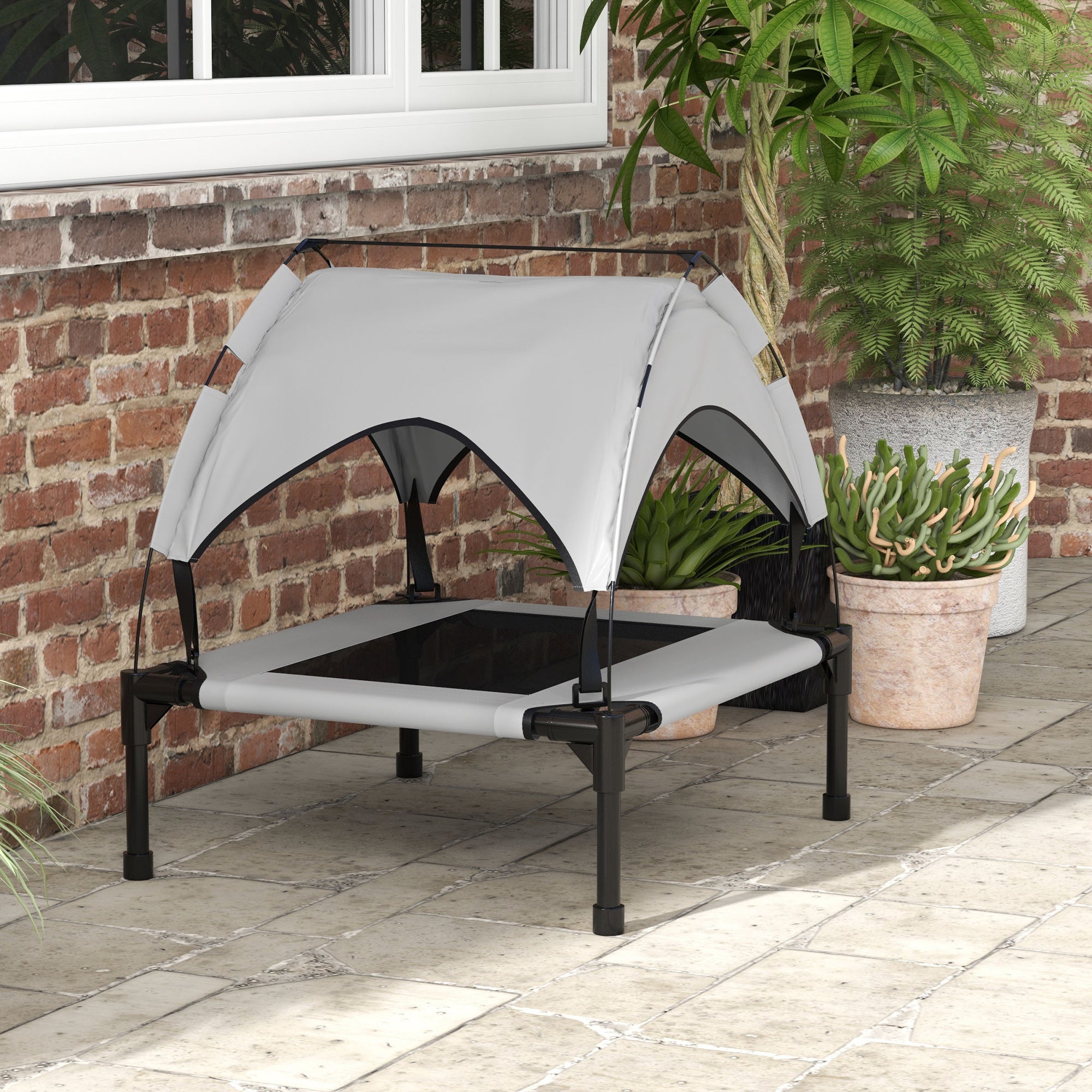PawHut Elevated Dog Bed with Canopy, Cooling Dog Cot Bed for Camping, Portable Raised Pet Cot with Washable Breathable Mesh, for Indoor Outdoor, S & M Dogs, 30" x 24" x 27", Grey