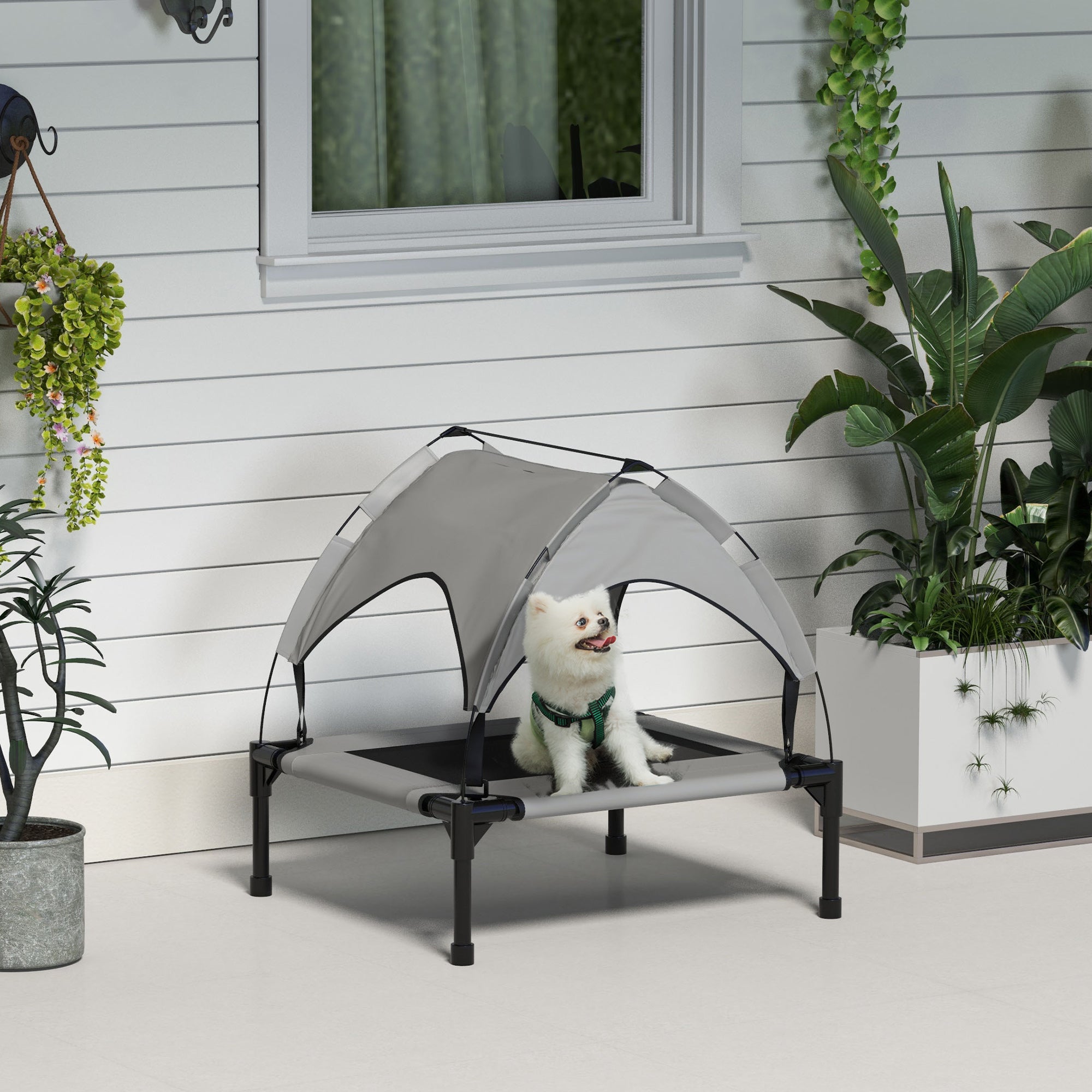 PawHut Elevated Dog Bed with Canopy, Cooling Dog Cot Bed for Camping, Portable Raised Pet Cot with Washable Breathable Mesh, for Indoor Outdoor, S & M Dogs, 30" x 24" x 27", Grey