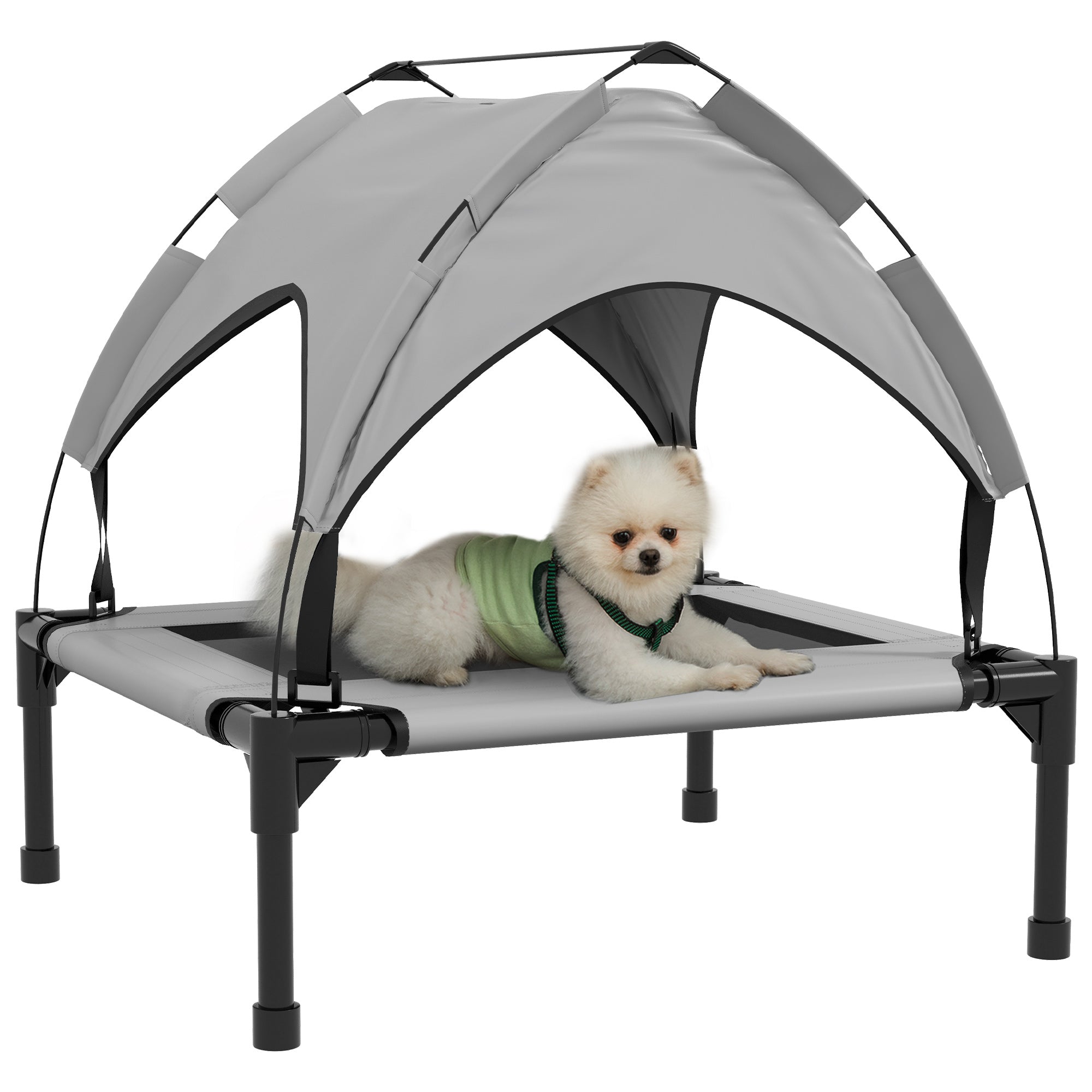 PawHut Elevated Dog Bed with Canopy, Cooling Dog Cot Bed for Camping, Portable Raised Pet Cot with Washable Breathable Mesh, for Indoor Outdoor, S & M Dogs, 30" x 24" x 27", Grey