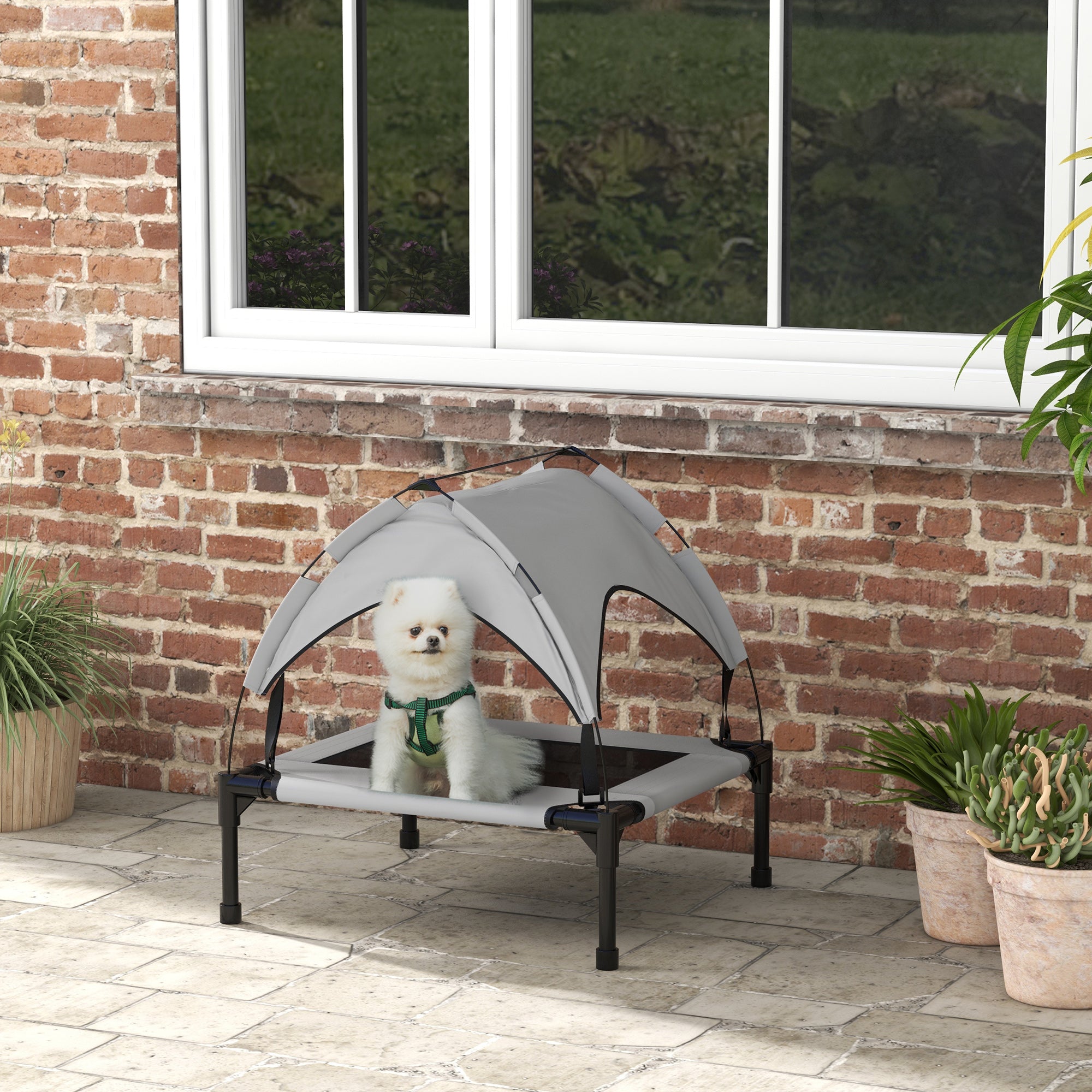 PawHut Elevated Dog Bed with Canopy, Cooling Dog Cot Bed for Camping, Portable Raised Pet Cot with Washable Breathable Mesh, for Indoor Outdoor, S & M Dogs, 30" x 24" x 27", Grey