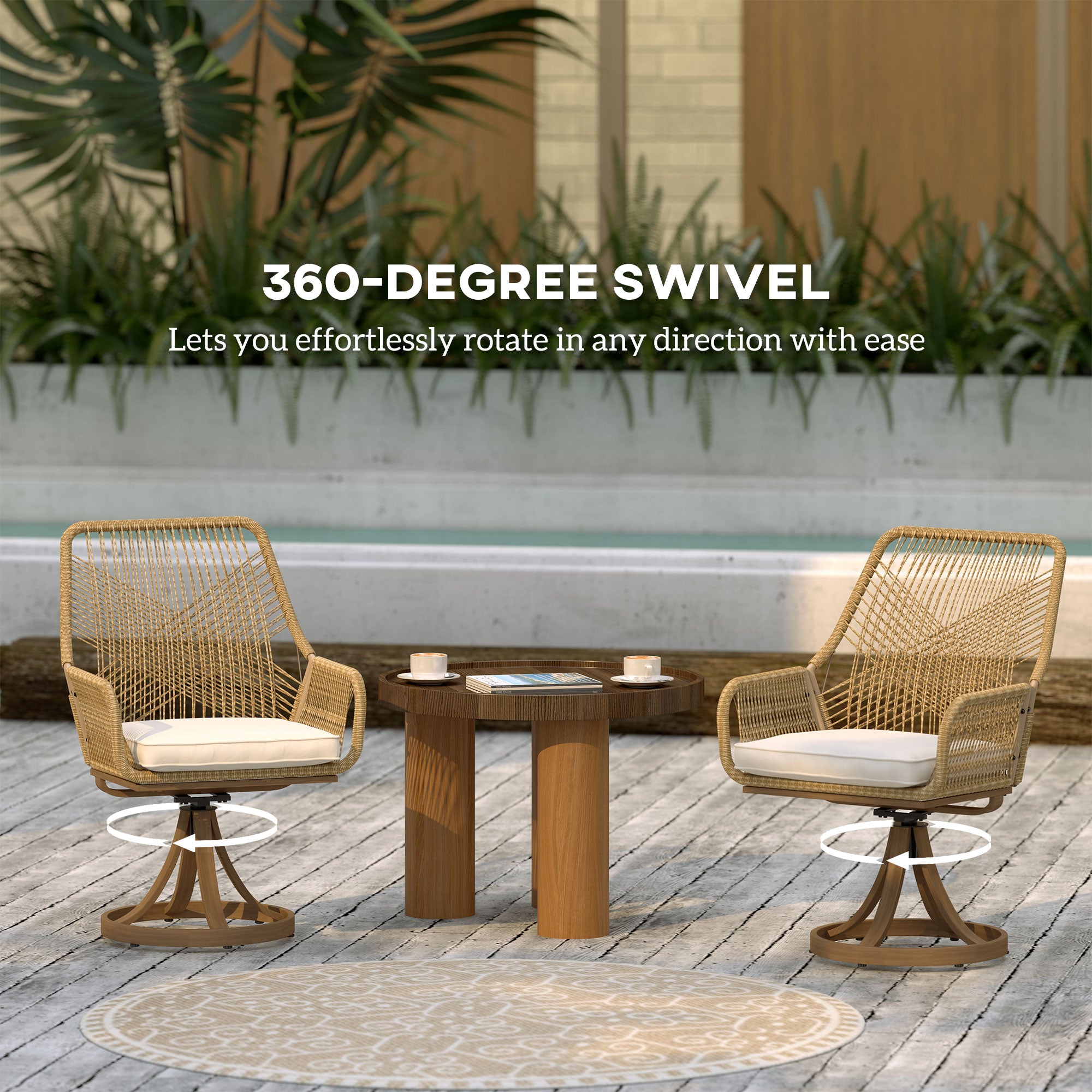 Outsunny Patio Swivel Dining Chairs Set of 2, Outdoor Rattan Chairs with Soft Cushions and Metal Frame for Deck, Garden, Backyard, Poolside, Khaki