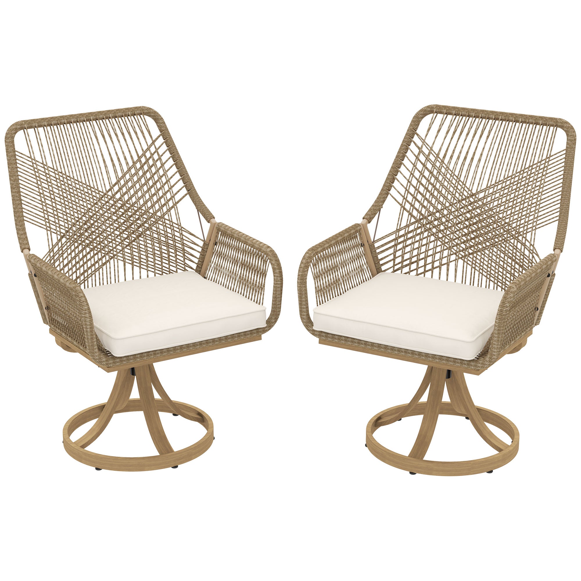 Outsunny Patio Swivel Dining Chairs Set of 2, Outdoor Rattan Chairs with Soft Cushions and Metal Frame for Deck, Garden, Backyard, Poolside, Khaki